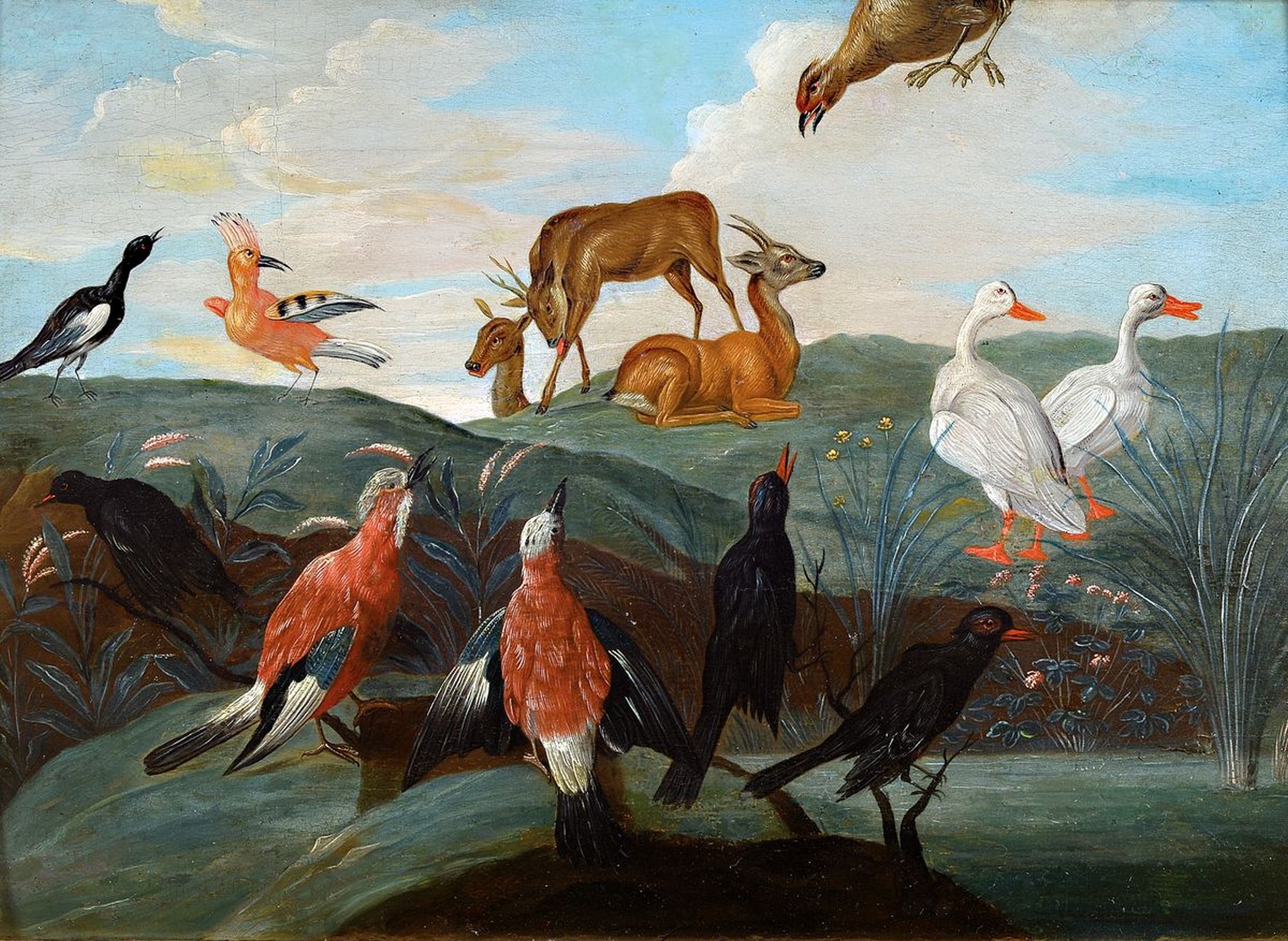 Umkreis Jerome van Kessel, 1626-1679, Vögel und Gänse in idealisierter Landschaft, Öl/Holz, unsigniert, ca. 25x33cm/28x38cm, Rahmen