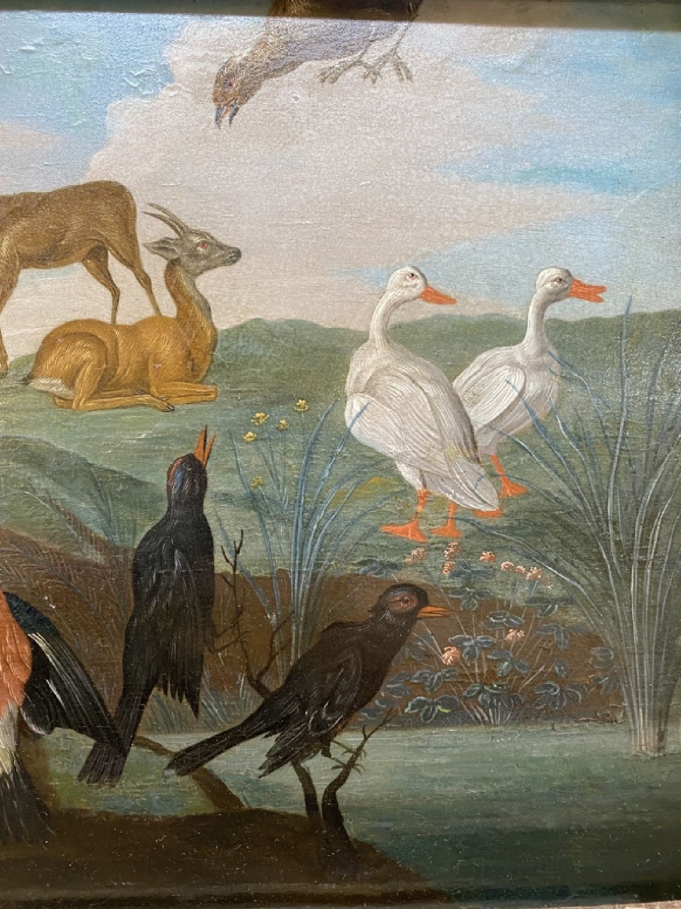 Detail b: Umkreis Jerome van Kessel, 1626-1679, Vögel und Gänse in idealisierter Landschaft, Öl/Holz, unsigniert, ca. 25x33cm/28x38cm, Rahmen