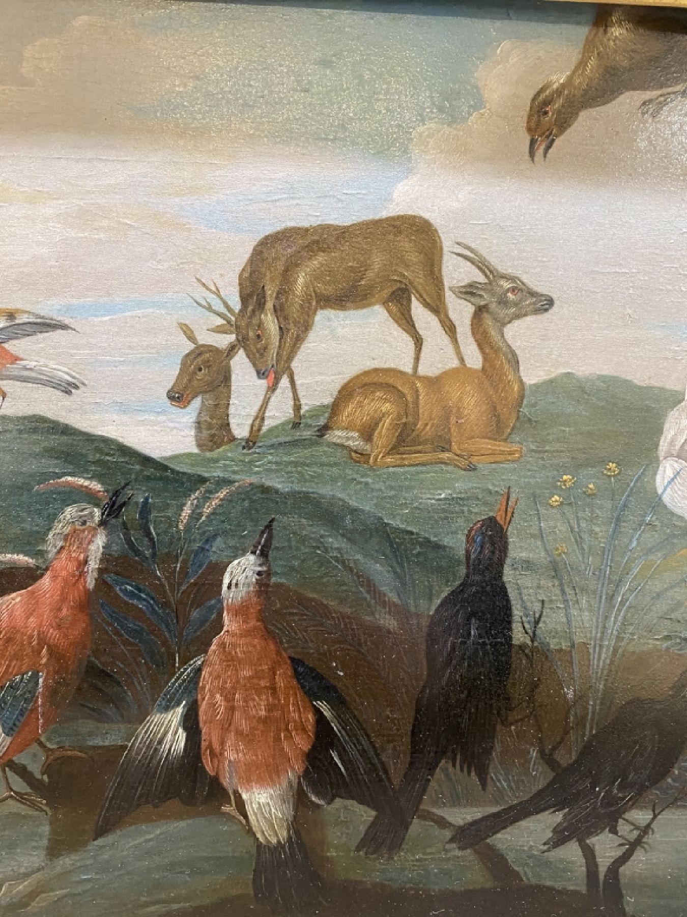 Detail c: Umkreis Jerome van Kessel, 1626-1679, Vögel und Gänse in idealisierter Landschaft, Öl/Holz, unsigniert, ca. 25x33cm/28x38cm, Rahmen