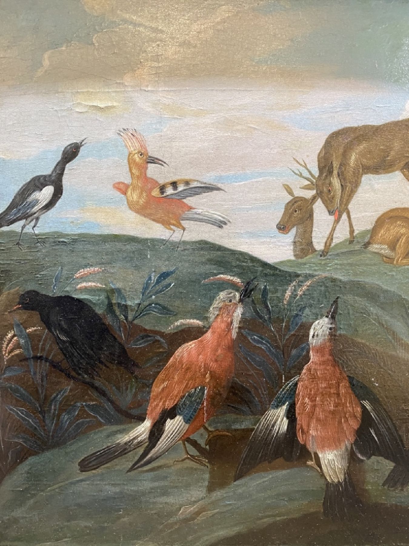 Detail d: Umkreis Jerome van Kessel, 1626-1679, Vögel und Gänse in idealisierter Landschaft, Öl/Holz, unsigniert, ca. 25x33cm/28x38cm, Rahmen