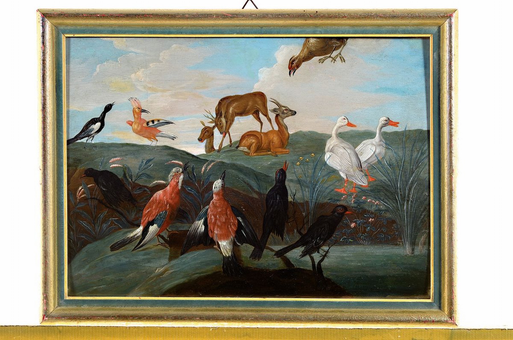 Detail k: Umkreis Jerome van Kessel, 1626-1679, Vögel und Gänse in idealisierter Landschaft, Öl/Holz, unsigniert, ca. 25x33cm/28x38cm, Rahmen