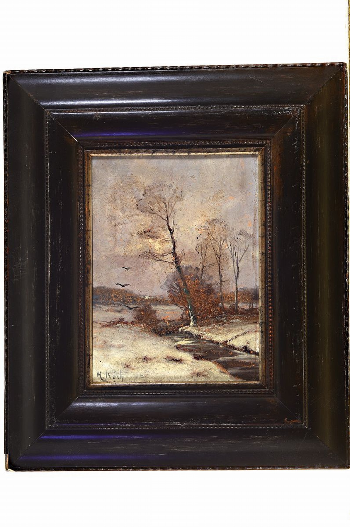 Detail k: Heinrich Koch, geb. 1814 zu Krefeld, Schüler der Düsseldorfer Akademie, Winterlandschaft, Öl/Holz, links unten signiert, ca. 23x17cm/40x35cm, ...
