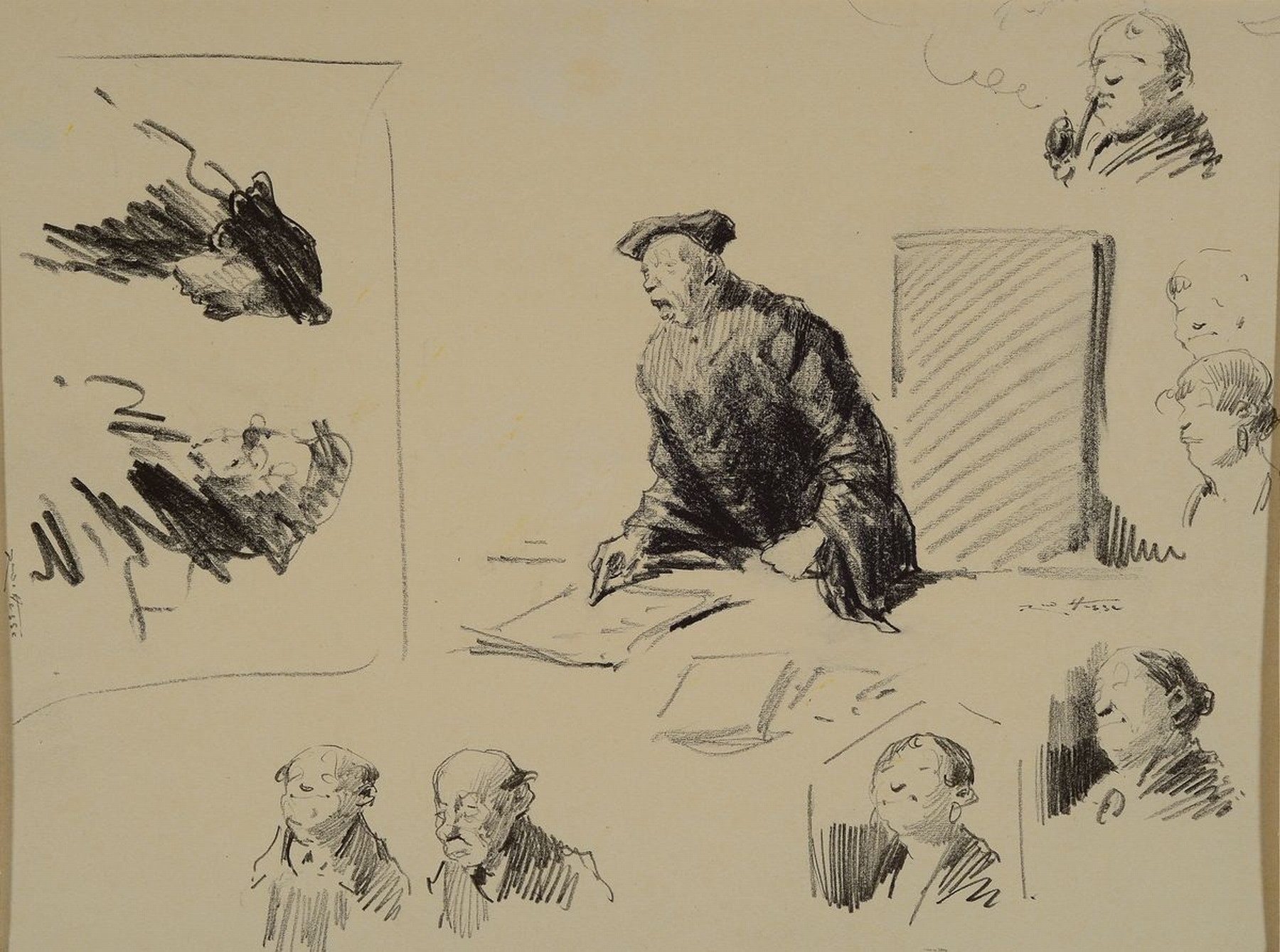 Rudolf Hesse, 1871 Saarlouis-1944 München, 6 Tusche- und Bleistiftzeichnungen, davon 4 mit skizzenhaftem Charakter, eine koloriert, signiert, Papier ...