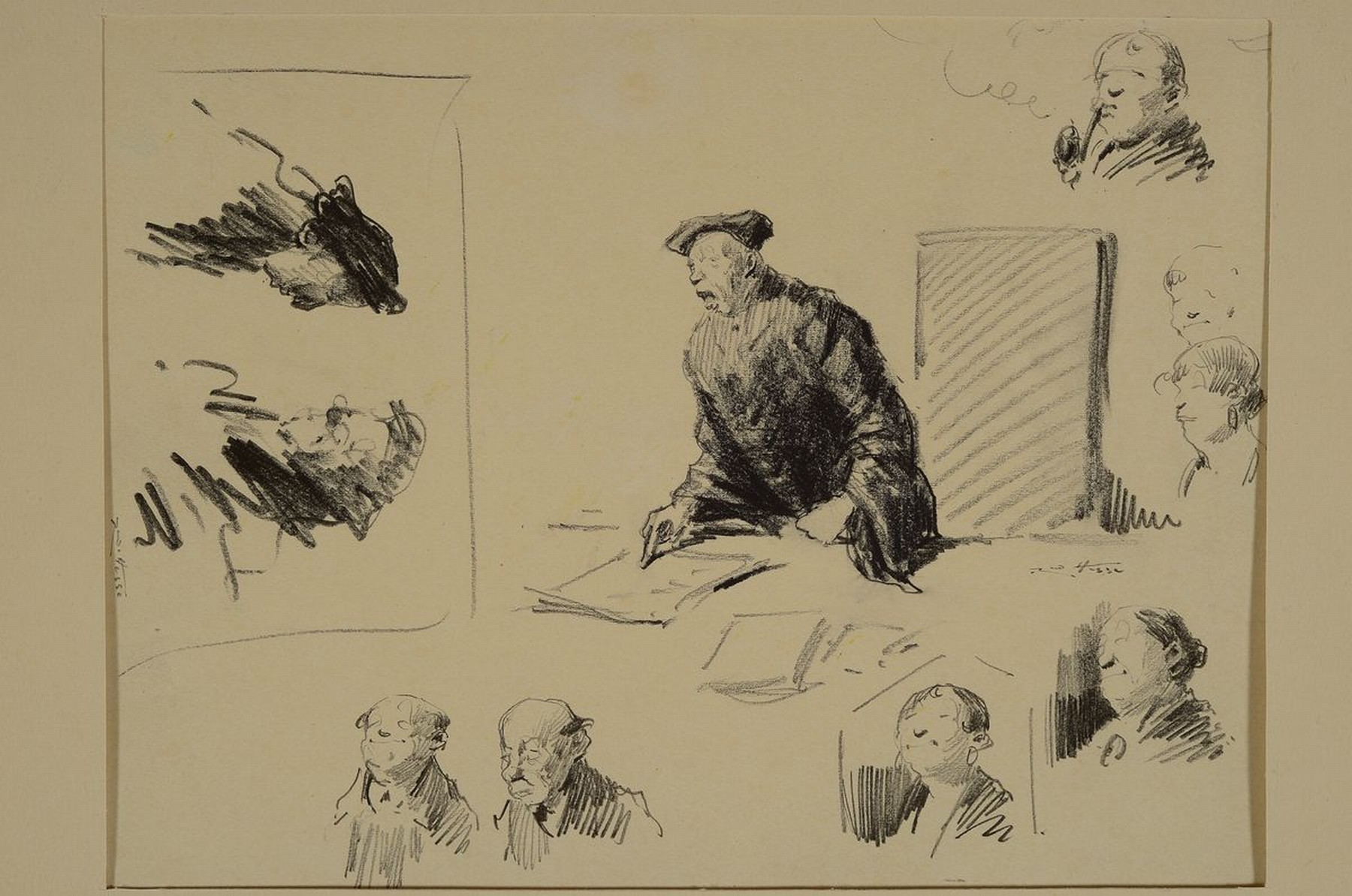 Detail k: Rudolf Hesse, 1871 Saarlouis-1944 München, 6 Tusche- und Bleistiftzeichnungen, davon 4 mit skizzenhaftem Charakter, eine koloriert, signiert, Papier ...