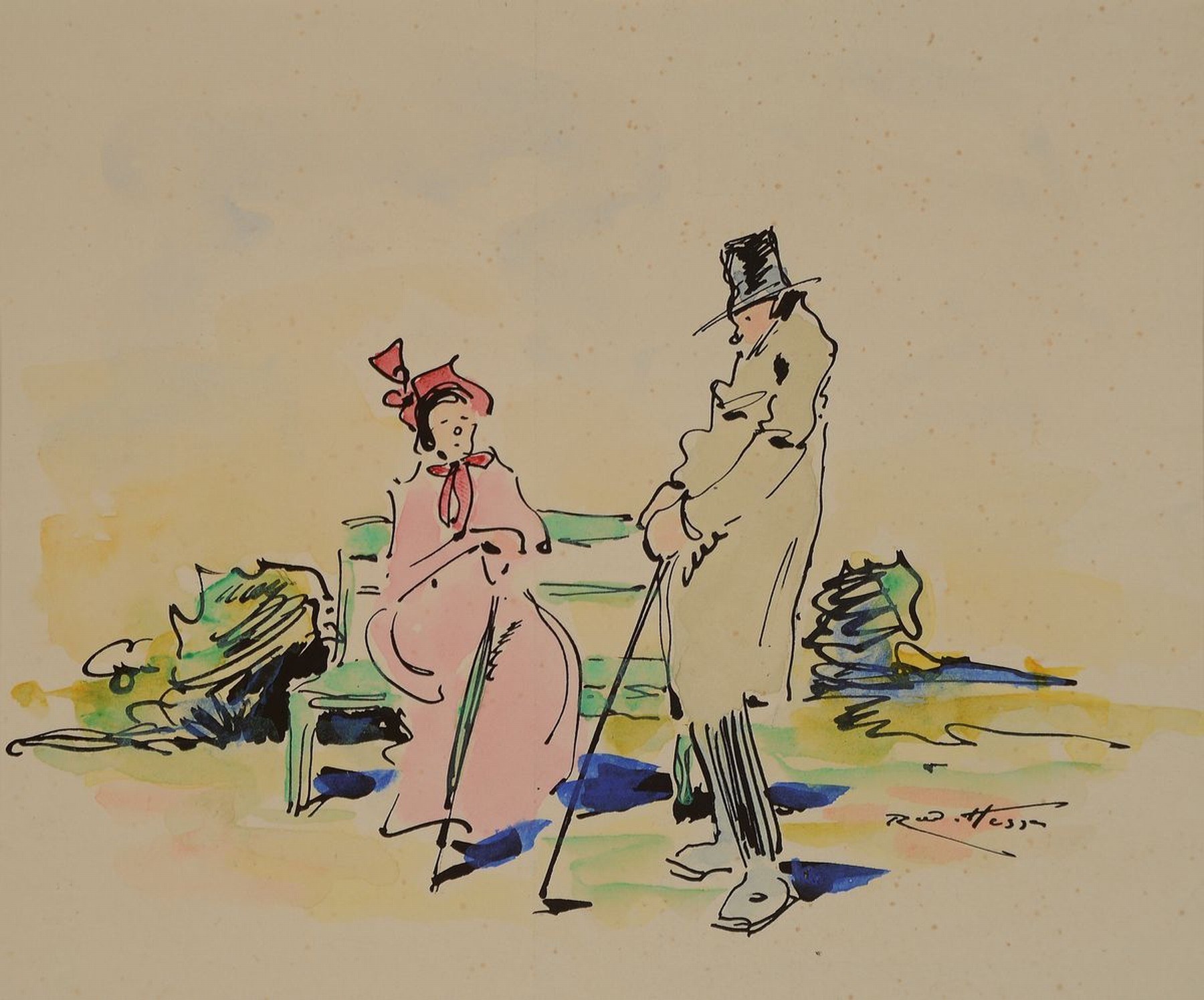 Rudolf Hesse, 1871 Saarlouis-1944 München, 5 Tusche- und Bleistiftzeichnungen mit karikaturhaftem Charakter, zwei koloriert, signiert, Papier ...