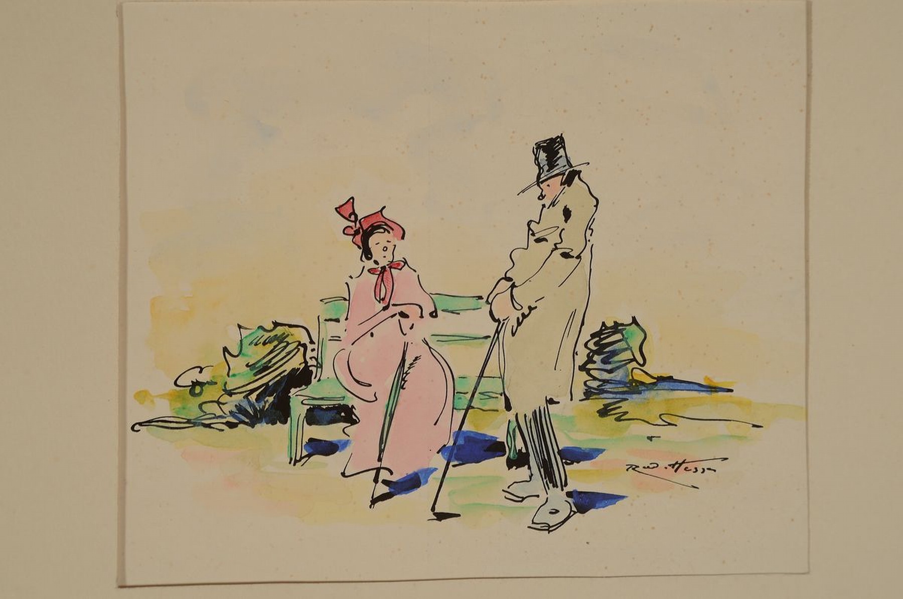 Detail k: Rudolf Hesse, 1871 Saarlouis-1944 München, 5 Tusche- und Bleistiftzeichnungen mit karikaturhaftem Charakter, zwei koloriert, signiert, Papier ...