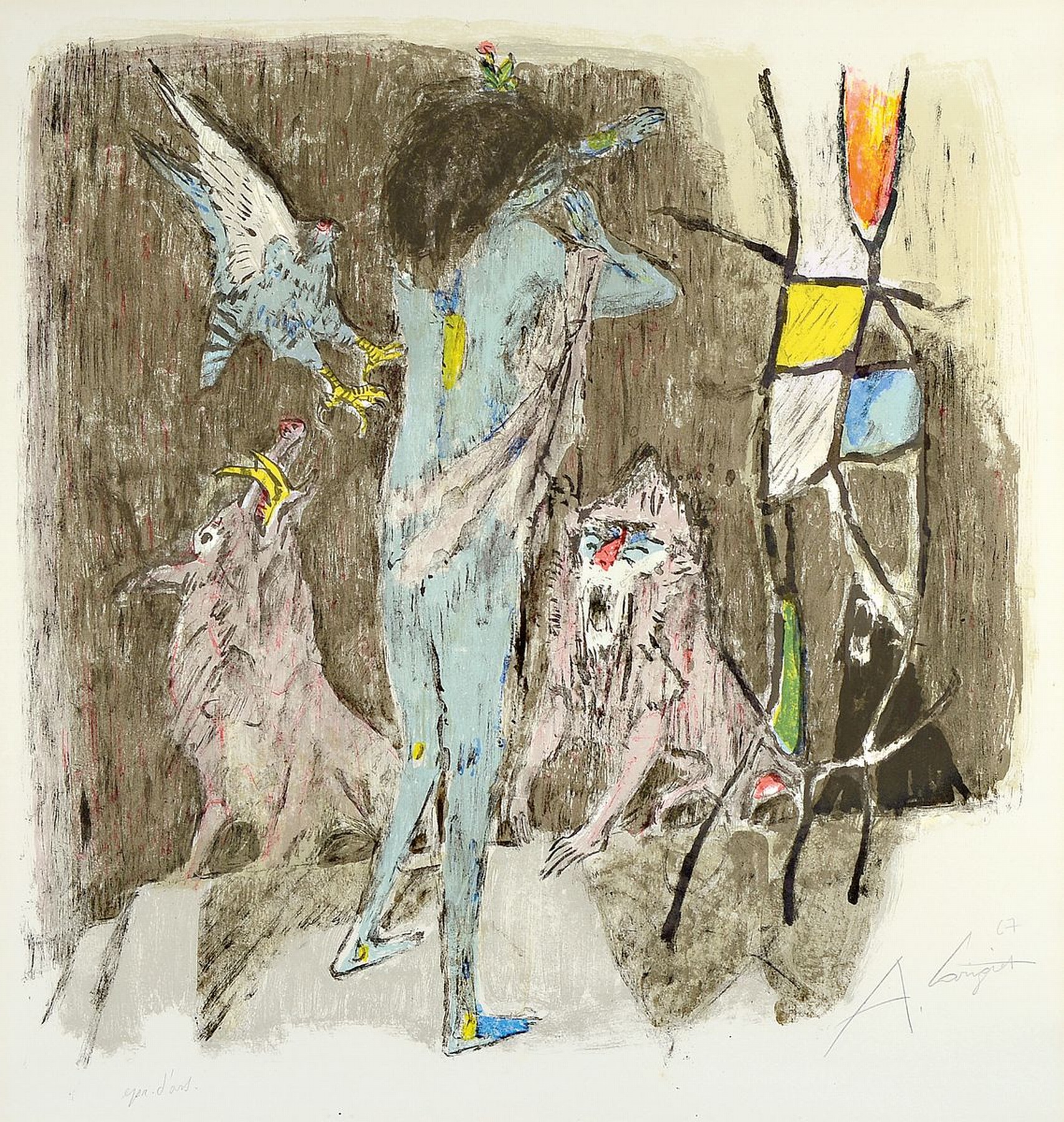 Alois Carigiet, 1902- 1985, war ein schweizer Maler, Zeichnet und Kinderbuchautor,hier: Farblithografie, sign., dat. 67, unter Glas gerahmt, gesamt ...