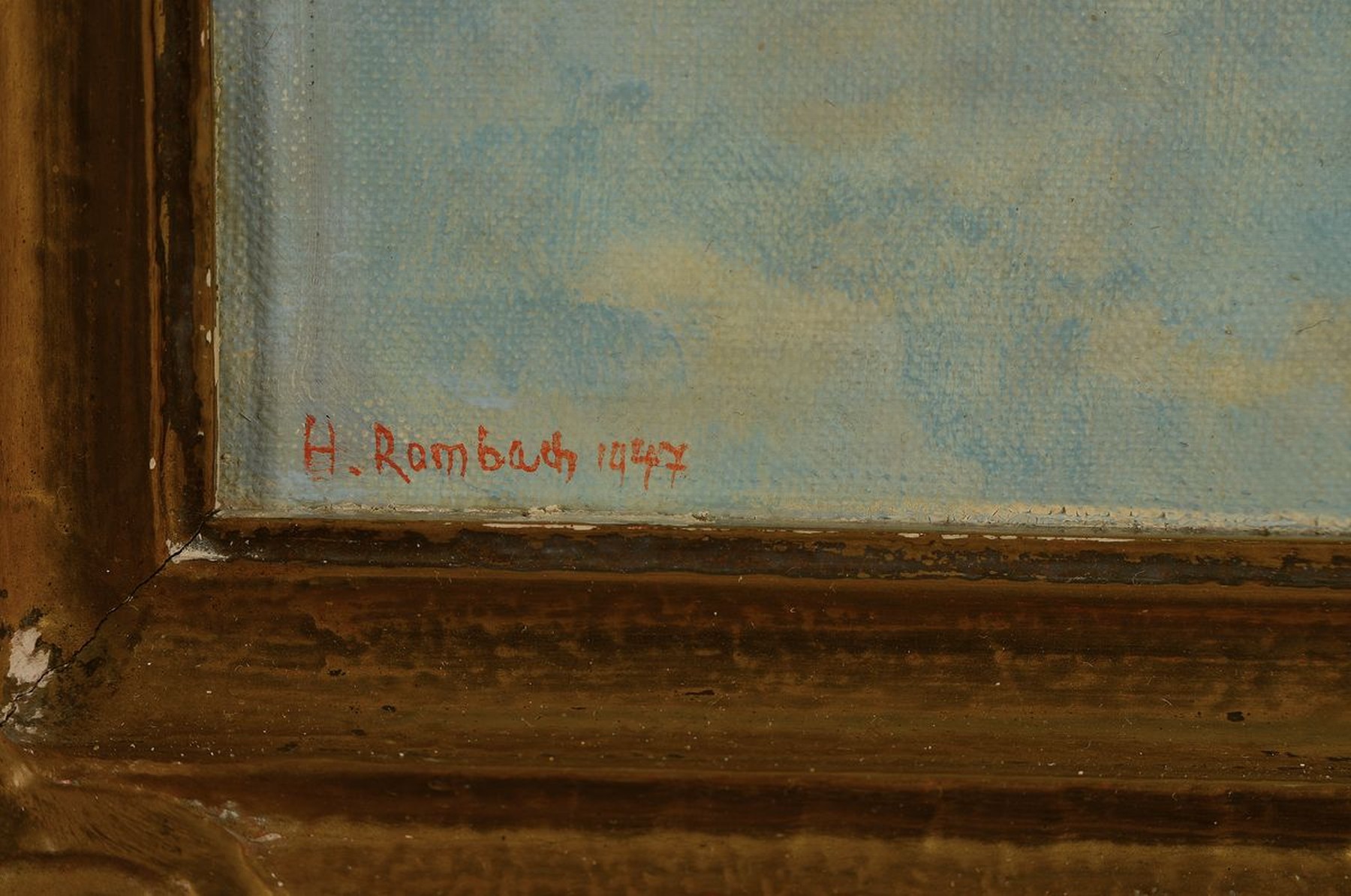 Detail a: Hermann Rombach, 1890 Böckingen-1970 Bietigheim, Heuboot vor der Insel Reichenau auf dem Bodensee, Öl/Holz, links unten signiert und dat. 1947, ca. ...