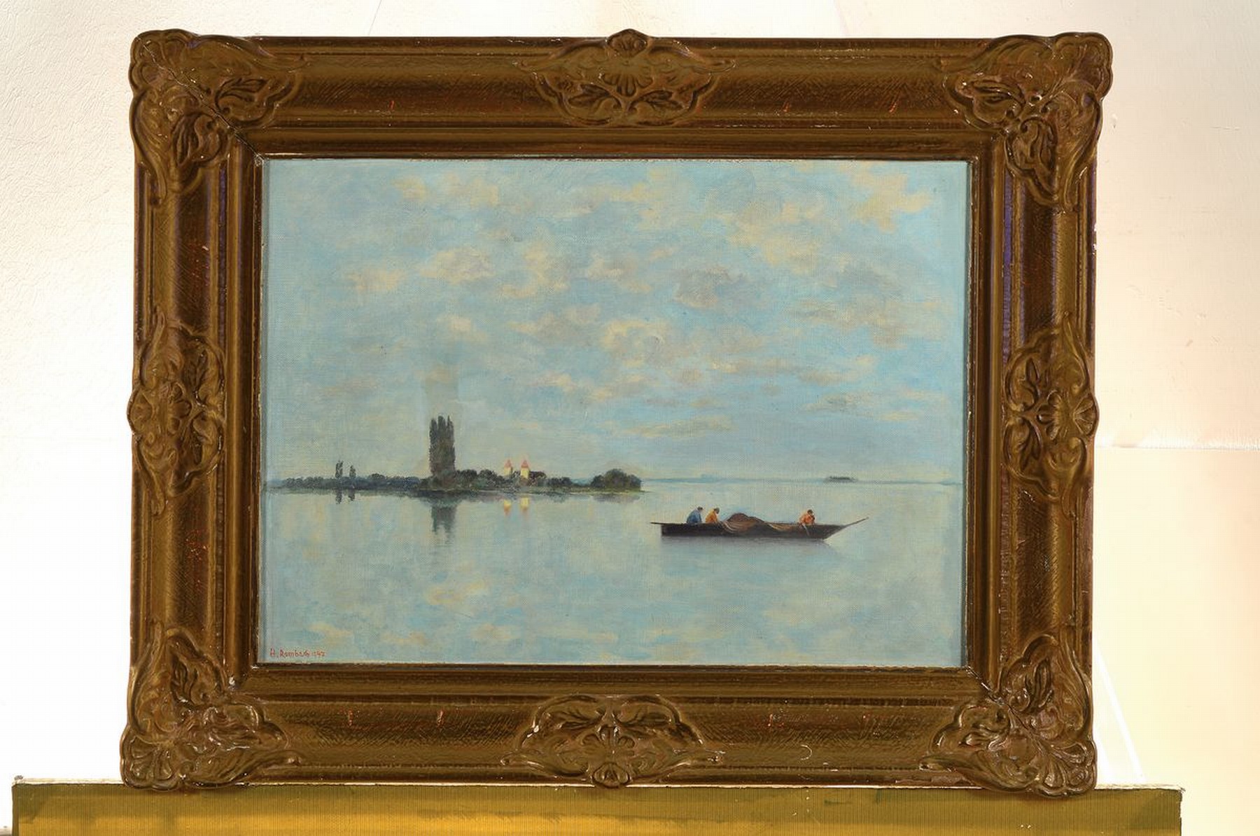 Detail k: Hermann Rombach, 1890 Böckingen-1970 Bietigheim, Heuboot vor der Insel Reichenau auf dem Bodensee, Öl/Holz, links unten signiert und dat. 1947, ca. ...
