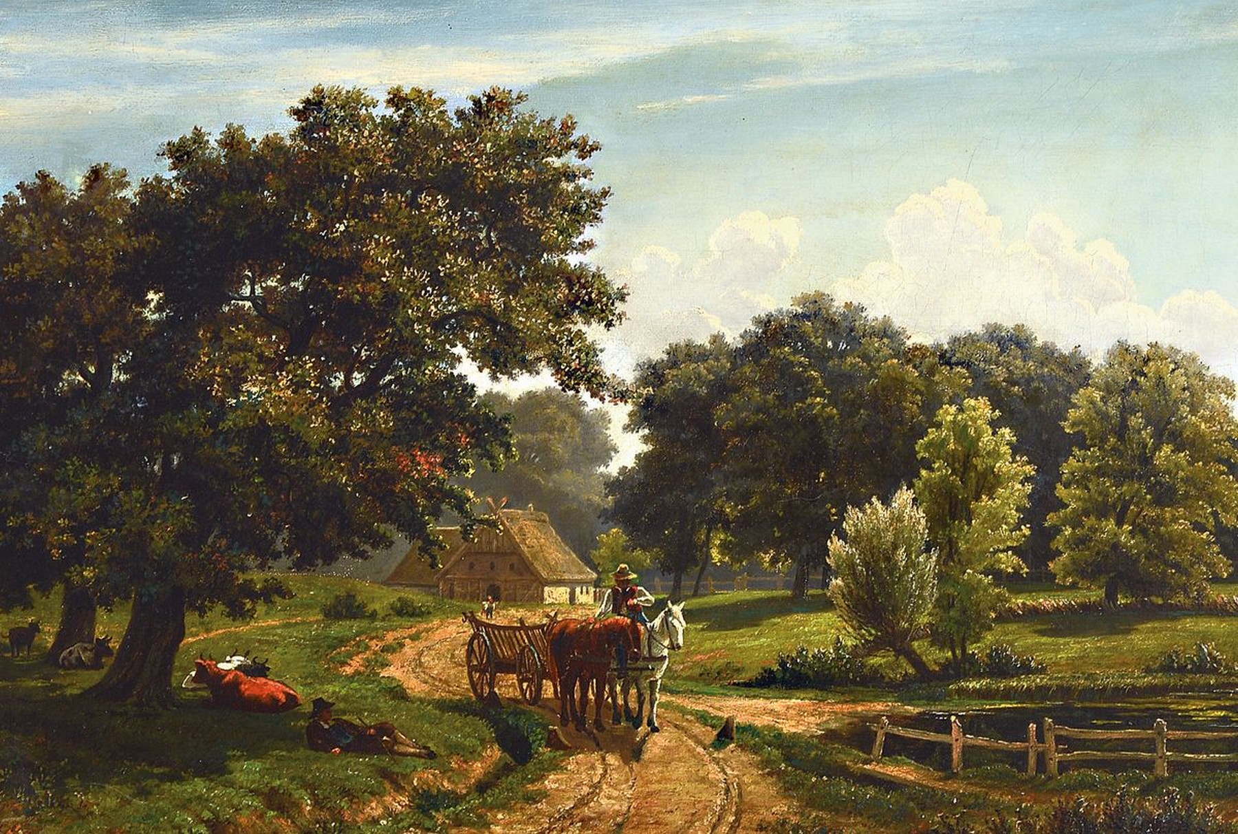 Zuschreibung: Berend Goos, 1815-1885 Hamburg, Studium in Hamburg und in Karlsruhe, hier: bewaldete Landschaft, ein Bauer fährt mit dem leeren ...