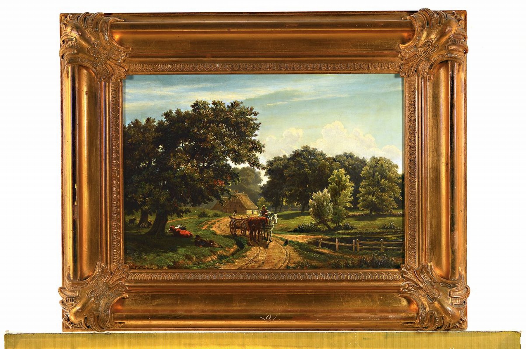 Detail k: Zuschreibung: Berend Goos, 1815-1885 Hamburg, Studium in Hamburg und in Karlsruhe, hier: bewaldete Landschaft, ein Bauer fährt mit dem leeren ...