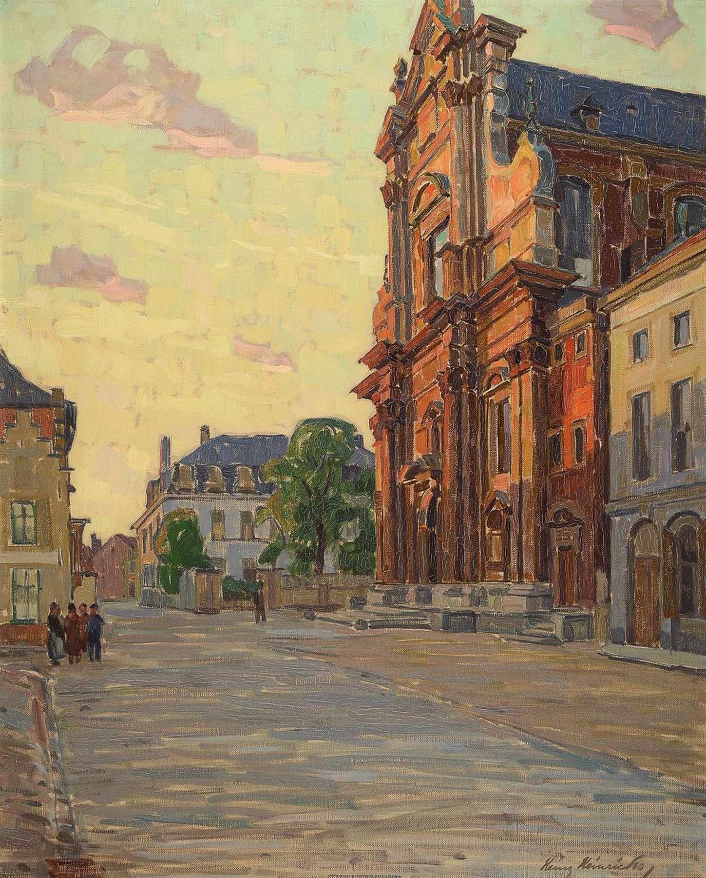Heinz Heinrichs, 1886 Aachen - 1957 Berlin, Stadtansicht mit Personen, Öl/Malkarton signiert, ca. 83 x 67 cm, Rahmen