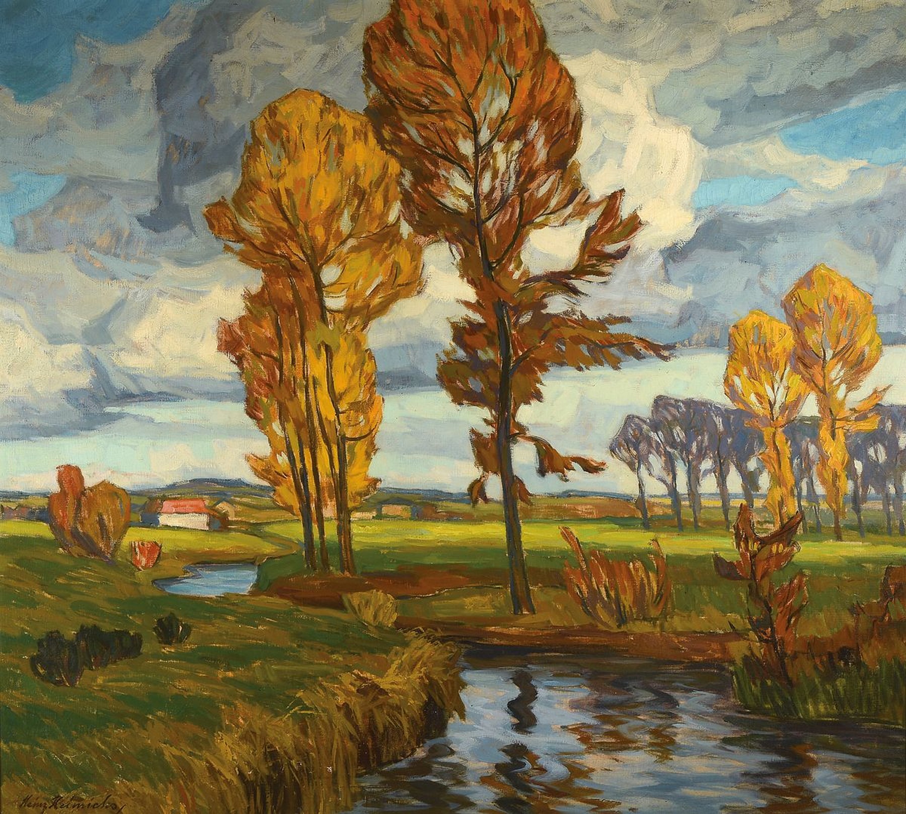 Heinz Heinrichs, 1886 Aachen - 1957 Berlin, Landschaftsdarstellung mit aufziehenden Wolkenformationen, signiert, ca. 100 x 106 cm, Rahmen