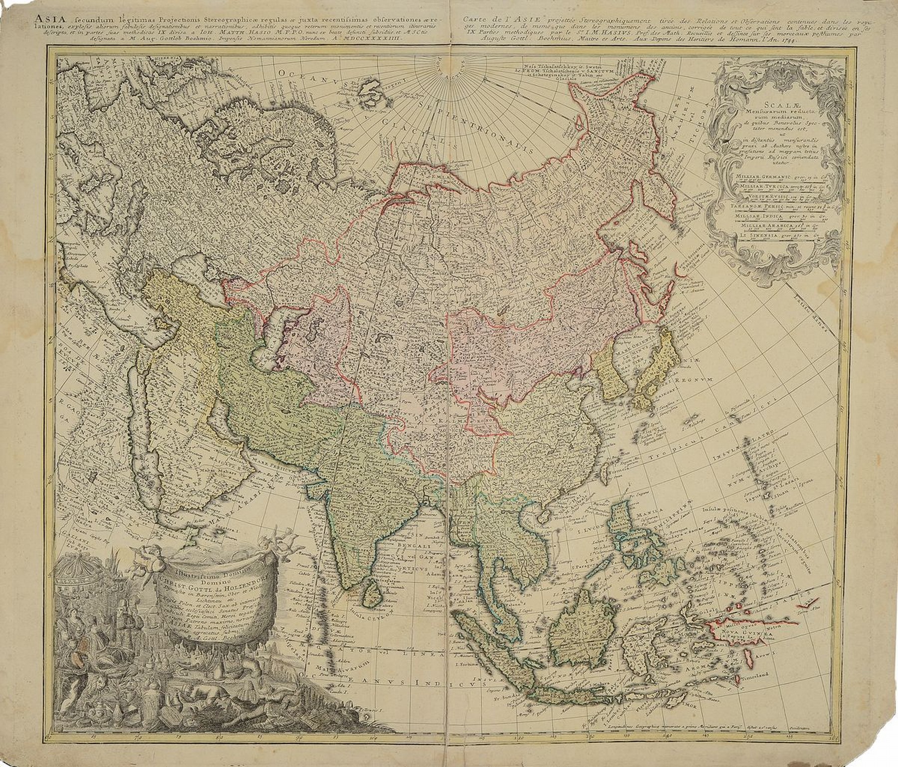 Kupferstich, Homann's Erben, 1744, Südostasien mit Indien, Indonesien, Philippinen etc., noch nicht im richtigen Verhältnis angeordnet, ...