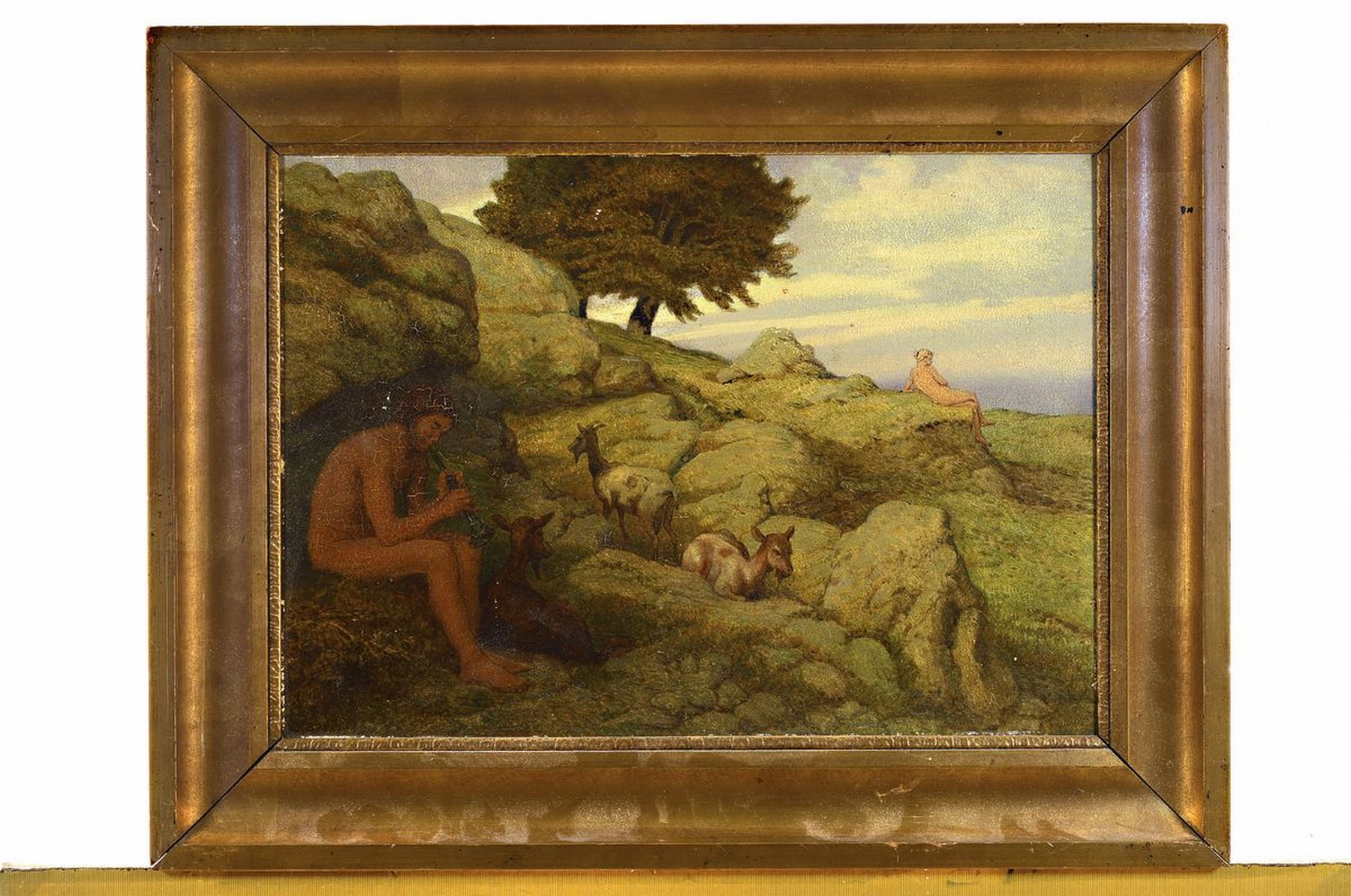 Detail k: Wilhelm Süs, Düsseldorf 1861 - Mannheim 1931, Felsenlandschaft mit flötespielendem Hirten, Tieren und Mädchen im Hintergrund, Öl/Malkarton, li. ...