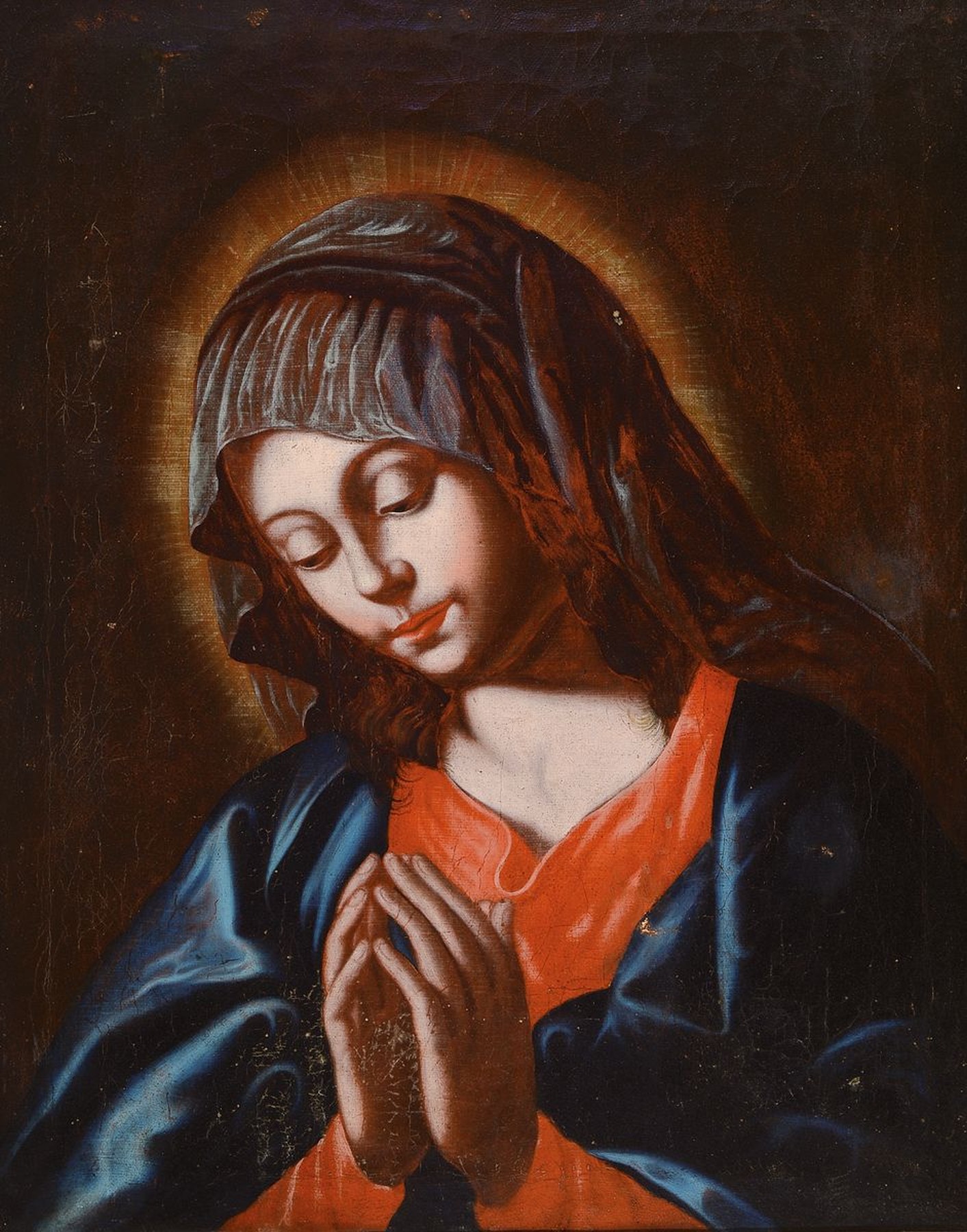 Italienischer Künstler um 1730/40, betende Madonna im blauen Mantel über rotem Gewand und Heiligenschein, Öl/Lwd, leichter Farbabrieb bzw. ...