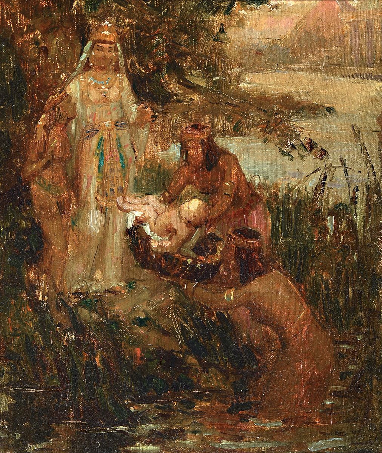 Charpentier, wohl franz. Künstler, Mitte 19. Jh., die Auffindung des Moses, Öl/Lwd, rückseitig bezeichnet, unsigniert, ca. 41 x 33 cm, Rahmen, ...
