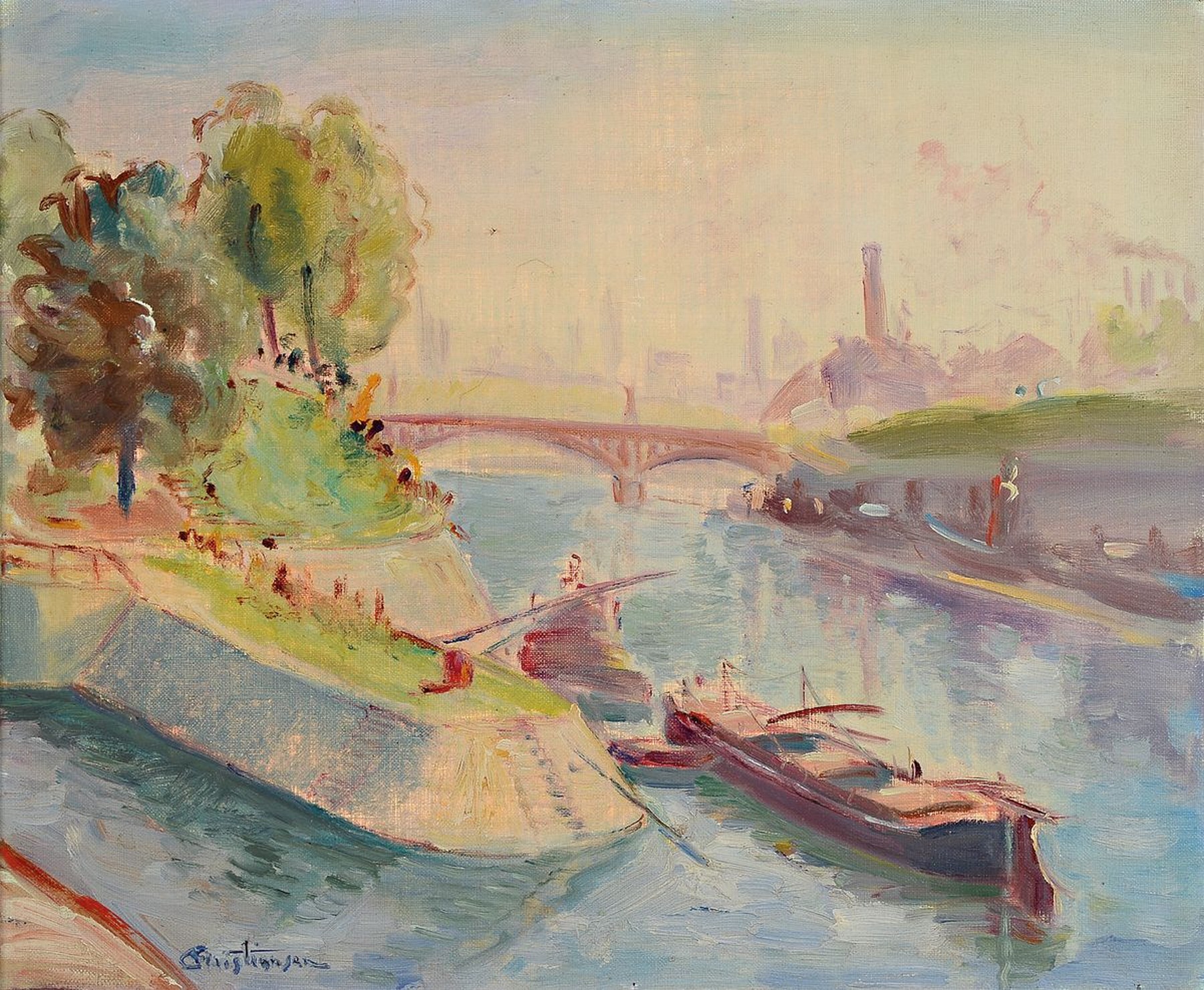 Christiansen, Mitte 20. Jh., Flußlandschaft mit Schiffen, li. unten signiert, ca. 38 x 46 cm, Rahmen: 45 x 52 cm, Altersspuren