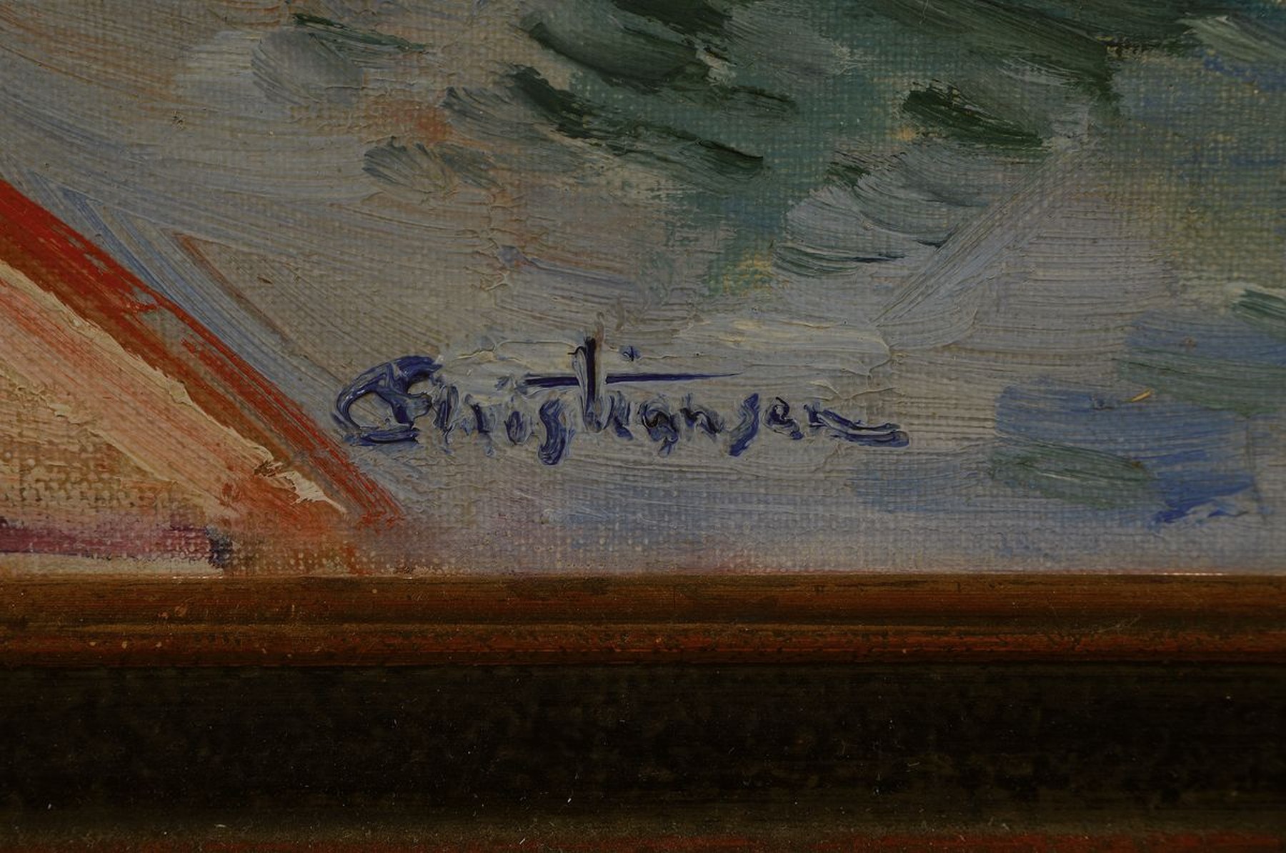 Detail a: Christiansen, Mitte 20. Jh., Flußlandschaft mit Schiffen, li. unten signiert, ca. 38 x 46 cm, Rahmen: 45 x 52 cm, Altersspuren