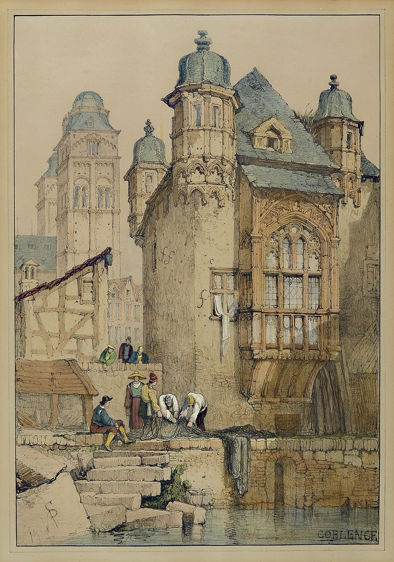 Samuel Prout, 1783 - 1852, drei Lithographien, Ansichten von Koblenz, 1. die alte Burg, 2. Balduinbrücke, 3. das Carthaus, koloriert, z.T. ...