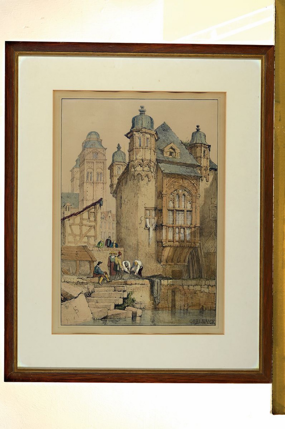 Detail k: Samuel Prout, 1783 - 1852, drei Lithographien, Ansichten von Koblenz, 1. die alte Burg, 2. Balduinbrücke, 3. das Carthaus, koloriert, z.T. ...