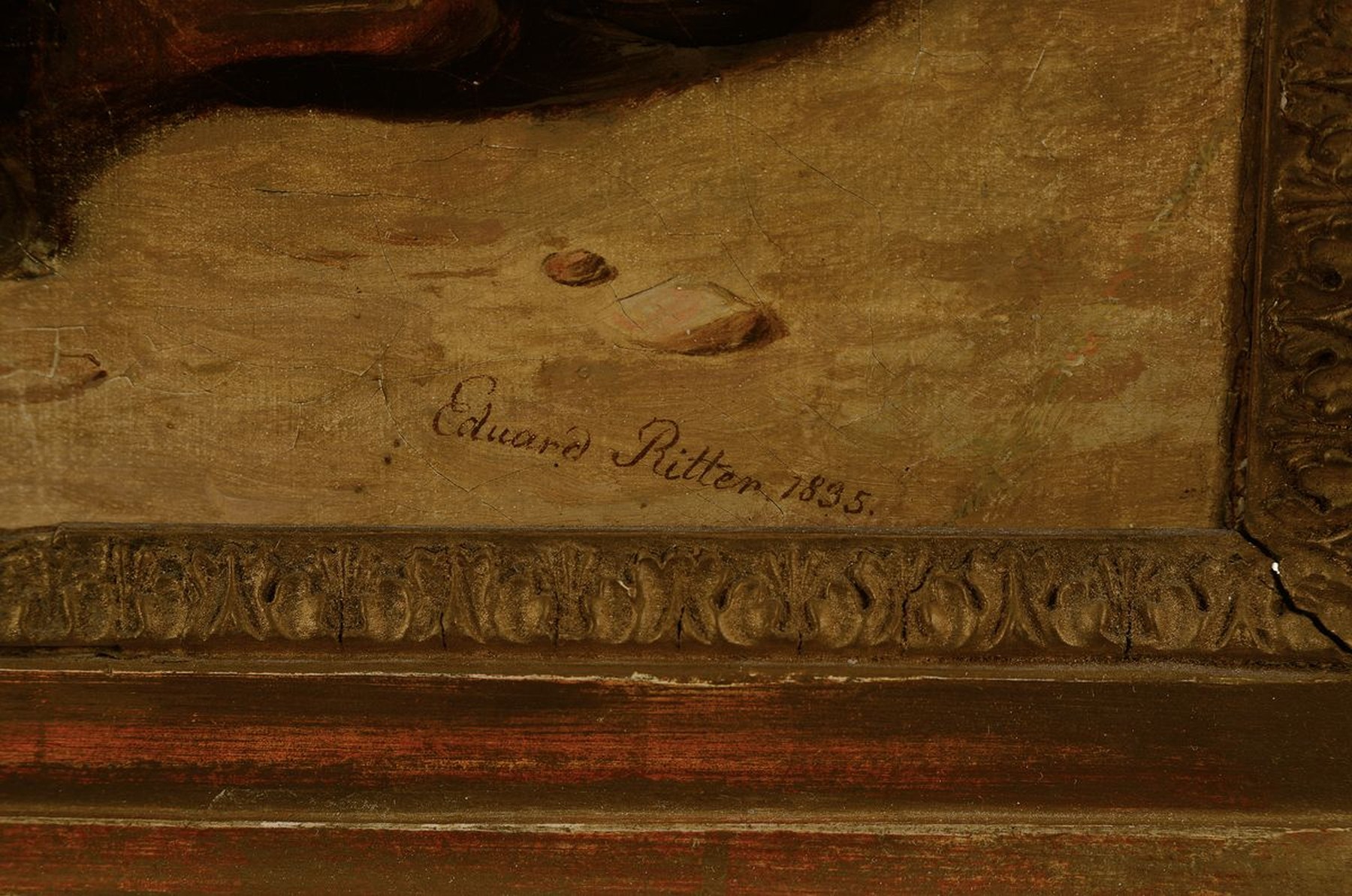 Detail a: Eduard Ritter, 1808 Wieden - 1853 Wien, Biedermeier, Genreszene mit drei Burschen im Hof, Mann beim Gemüse putzen, zwei Burschen mit Fleisch bzw. ...