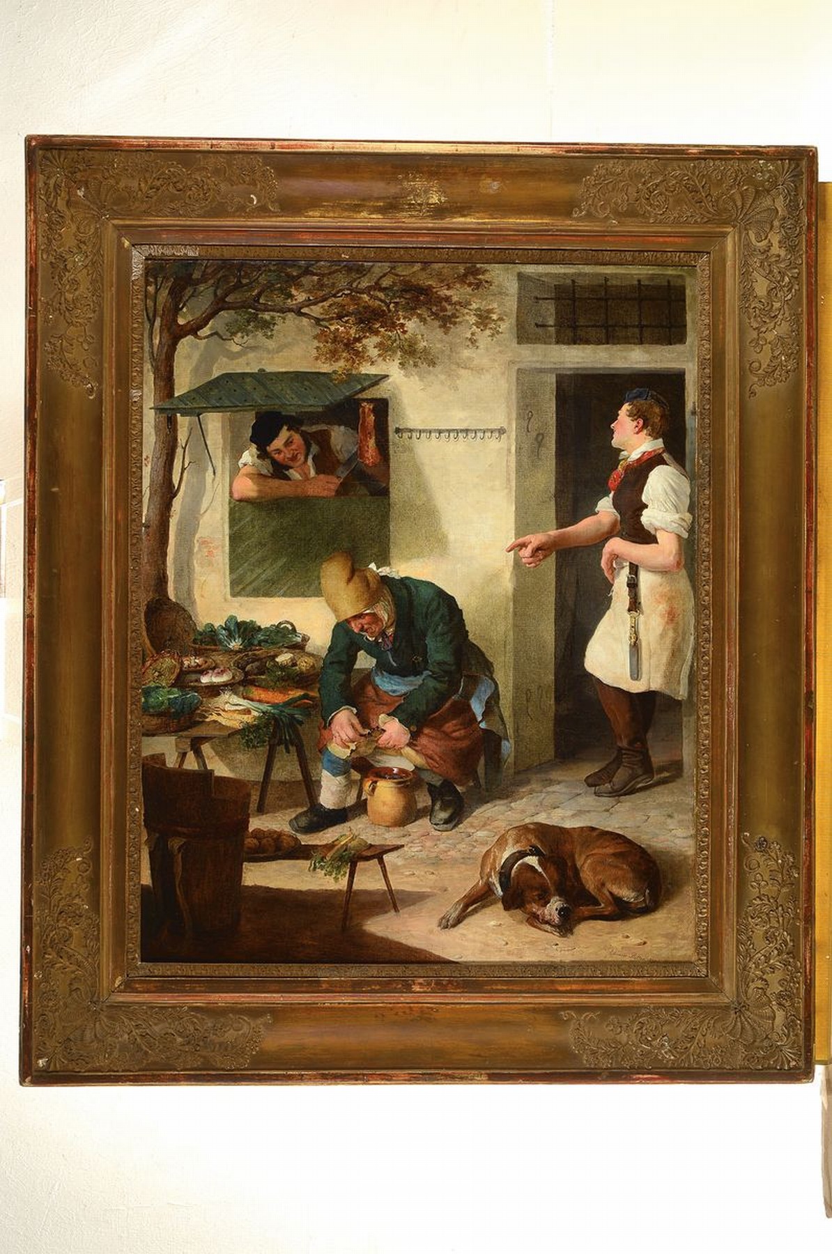 Detail k: Eduard Ritter, 1808 Wieden - 1853 Wien, Biedermeier, Genreszene mit drei Burschen im Hof, Mann beim Gemüse putzen, zwei Burschen mit Fleisch bzw. ...