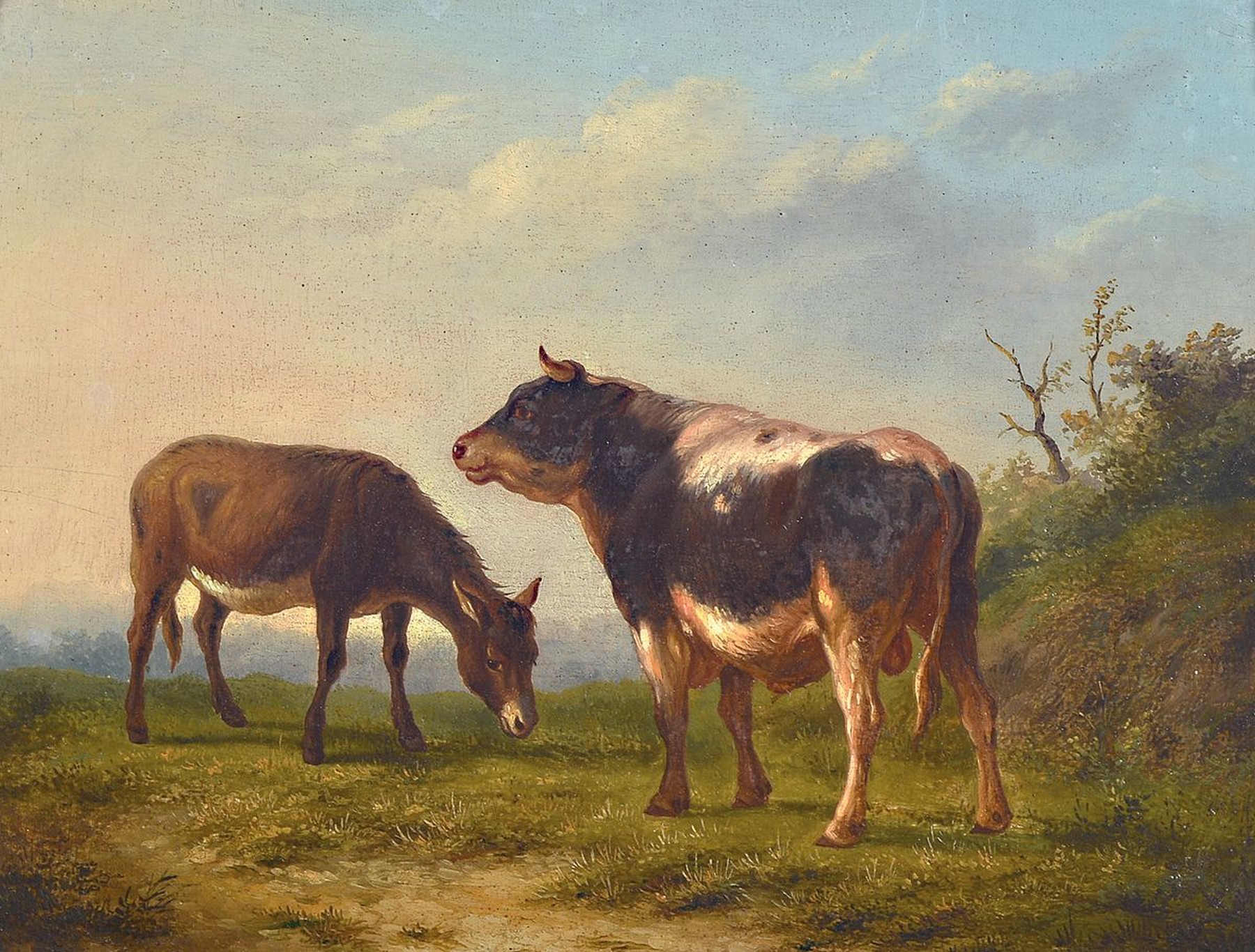 Zuschreibung Frans van Severdonck, 1808 Brüssel 1889, bekannt für seine Genrestücke und Landschaften mit Weidetieren, Landschaft mit Esel und ...