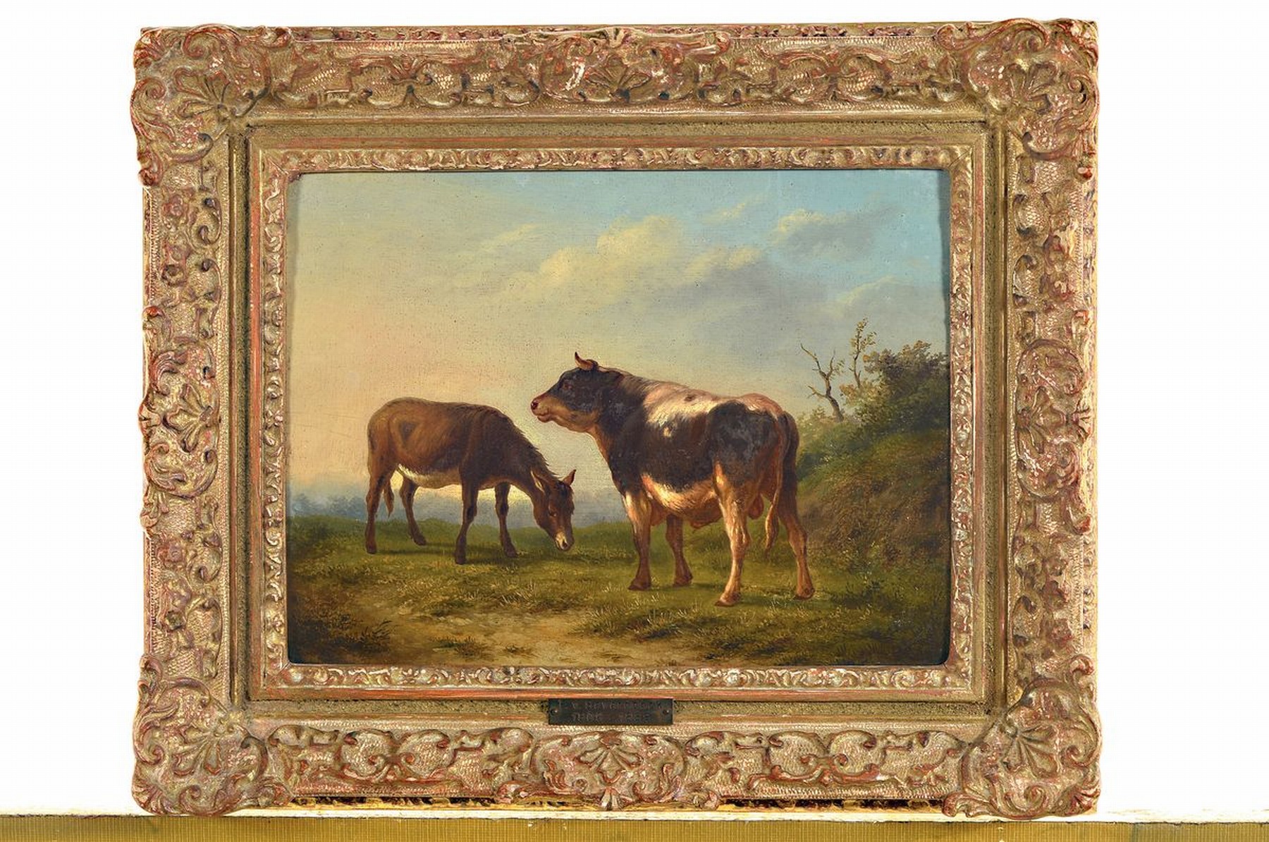 Detail k: Zuschreibung Frans van Severdonck, 1808 Brüssel 1889, bekannt für seine Genrestücke und Landschaften mit Weidetieren, Landschaft mit Esel und ...