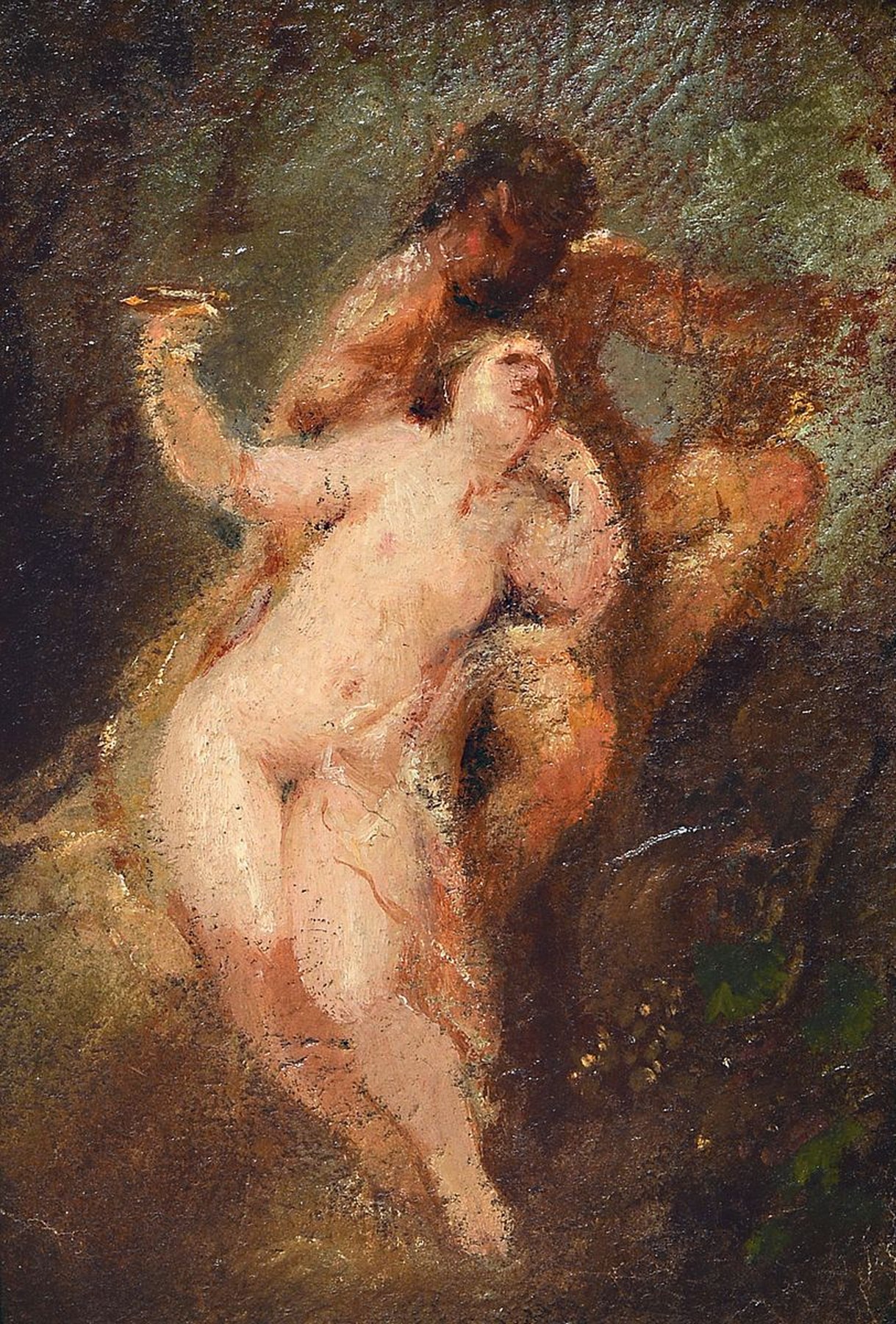 Künstler der Mitte des 19. Jh., Bacchantin mit Satyr, Öl/Karton, rückseitig unleserlich mit Bleistift bez. M. Dinz oder Diez, alte Sammlungsnummer ...