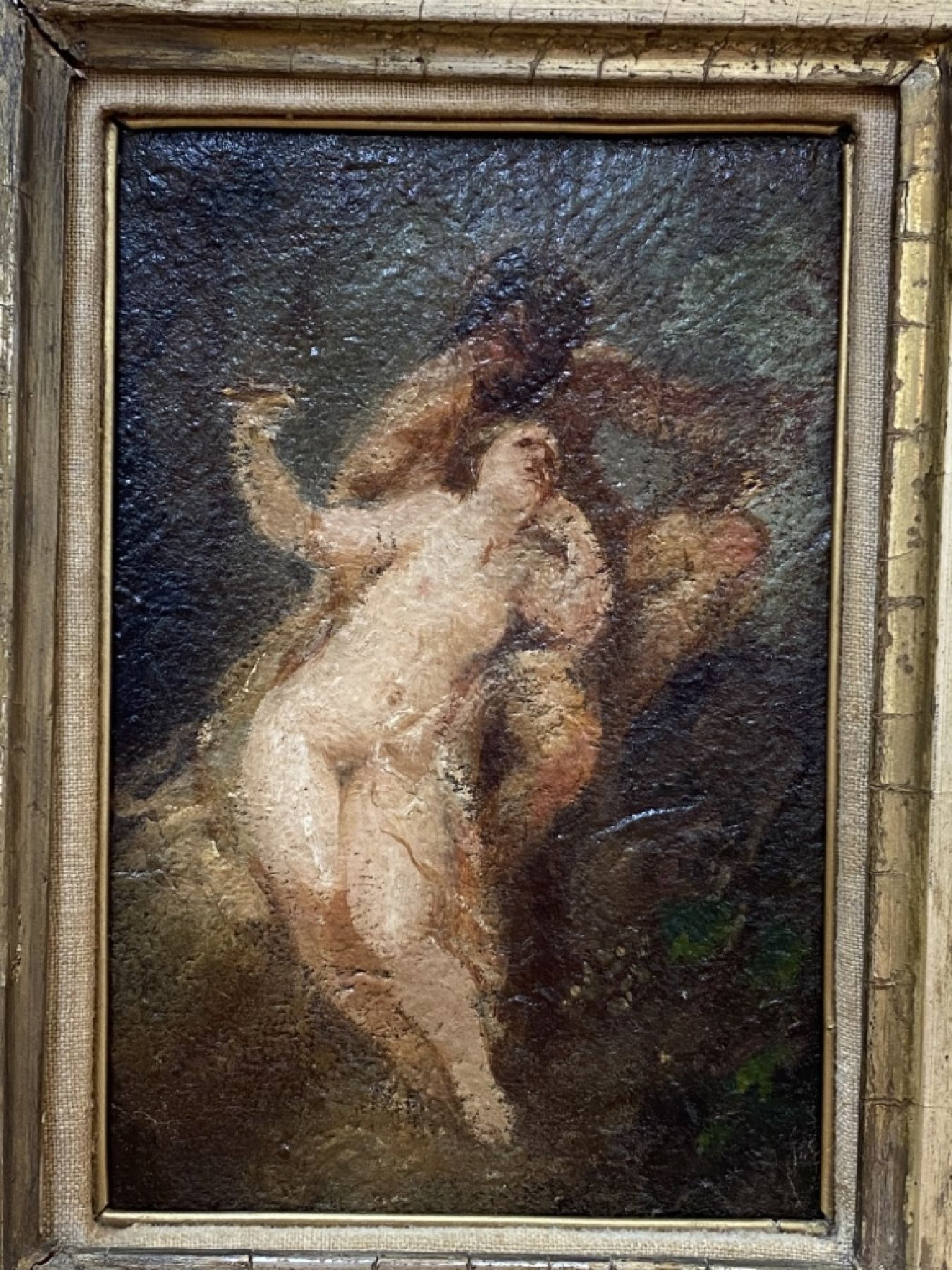 Detail b: Künstler der Mitte des 19. Jh., Bacchantin mit Satyr, Öl/Karton, rückseitig unleserlich mit Bleistift bez. M. Dinz oder Diez, alte Sammlungsnummer ...