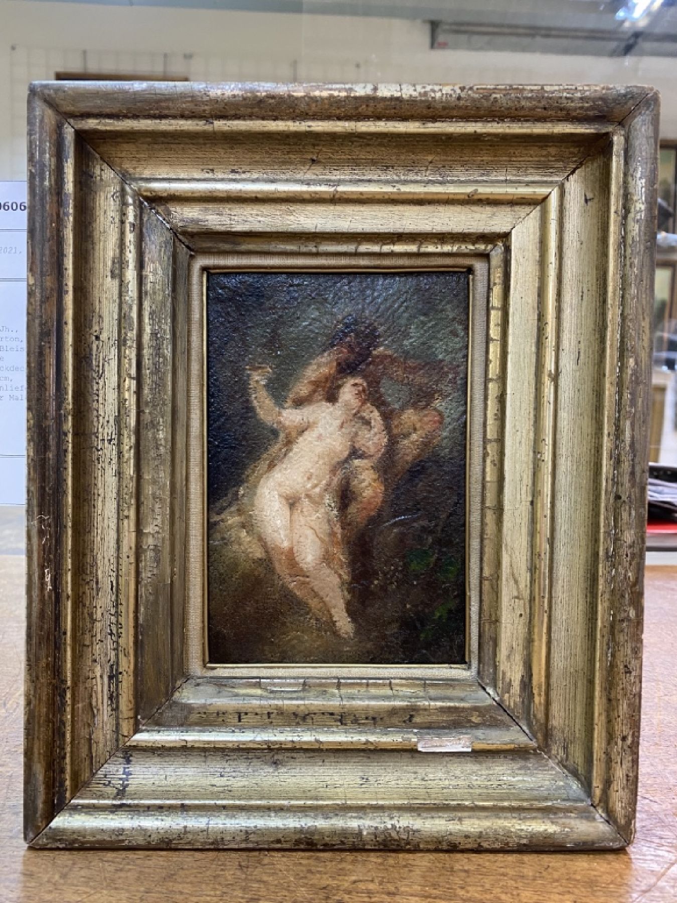 Detail c: Künstler der Mitte des 19. Jh., Bacchantin mit Satyr, Öl/Karton, rückseitig unleserlich mit Bleistift bez. M. Dinz oder Diez, alte Sammlungsnummer ...
