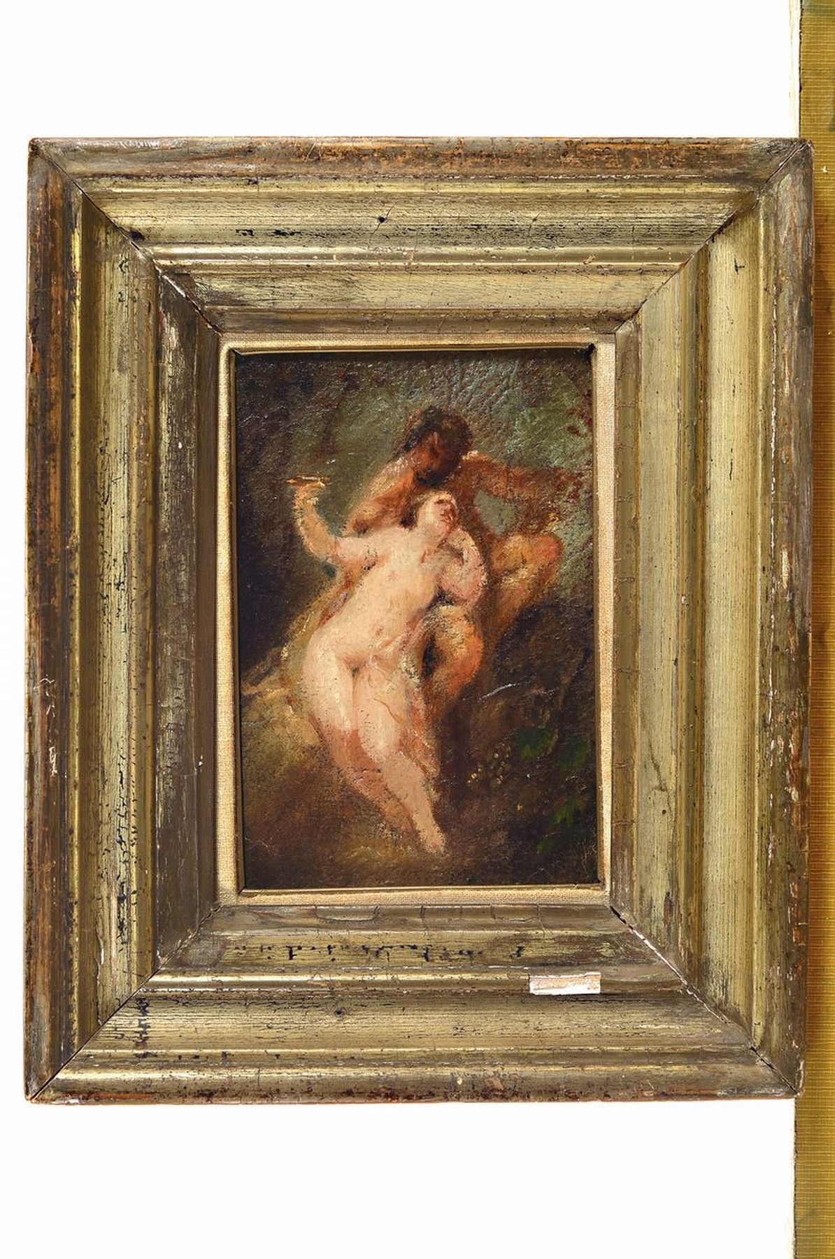 Detail k: Künstler der Mitte des 19. Jh., Bacchantin mit Satyr, Öl/Karton, rückseitig unleserlich mit Bleistift bez. M. Dinz oder Diez, alte Sammlungsnummer ...