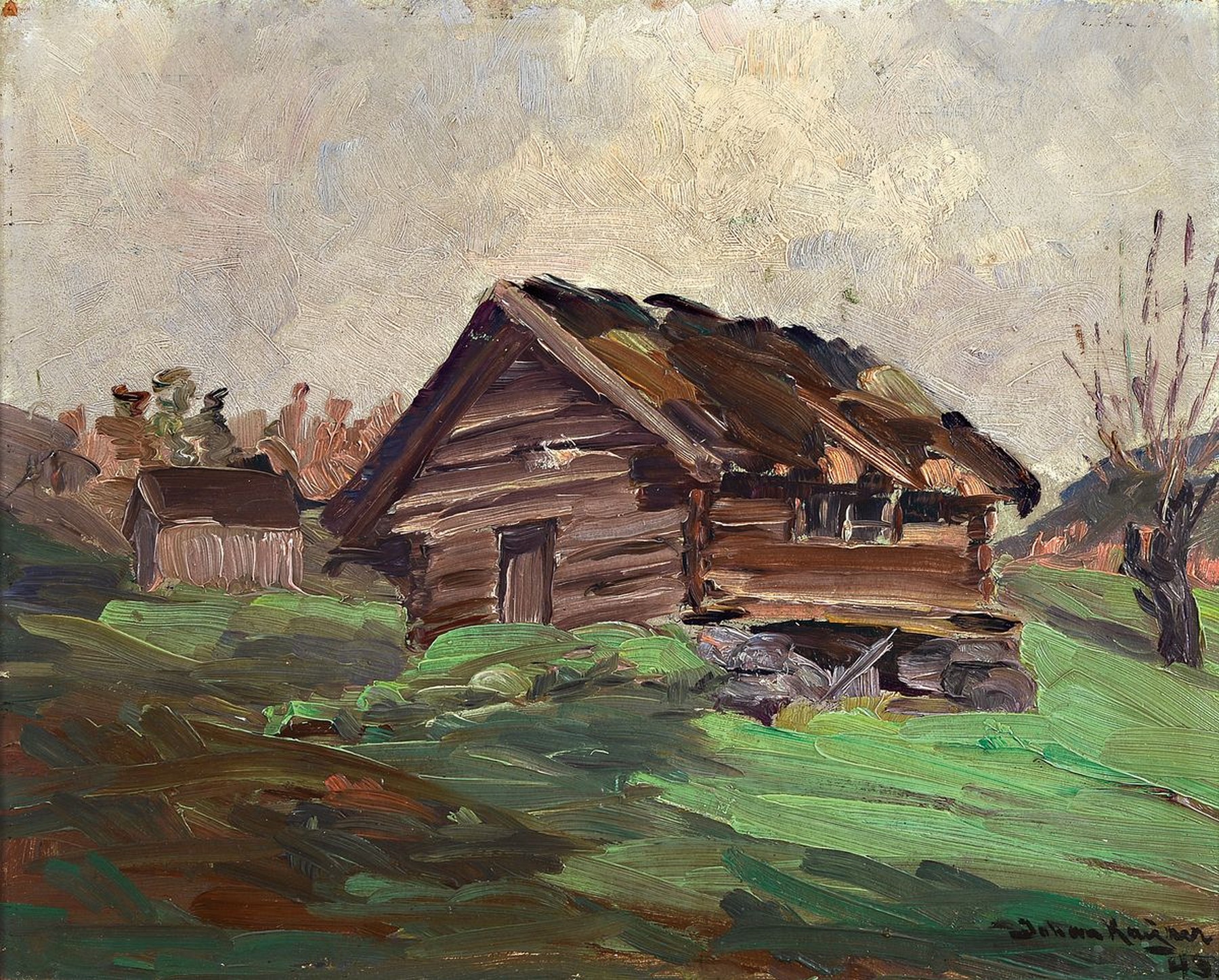 Johan Kayser, wohl norwegischer Künstler, erste Hälfte 20. Jh., Landschaft mit Hütte, Öl/Malkarton, li. u. signiert und dat. 43 (?), ca. 32 x 40 ...