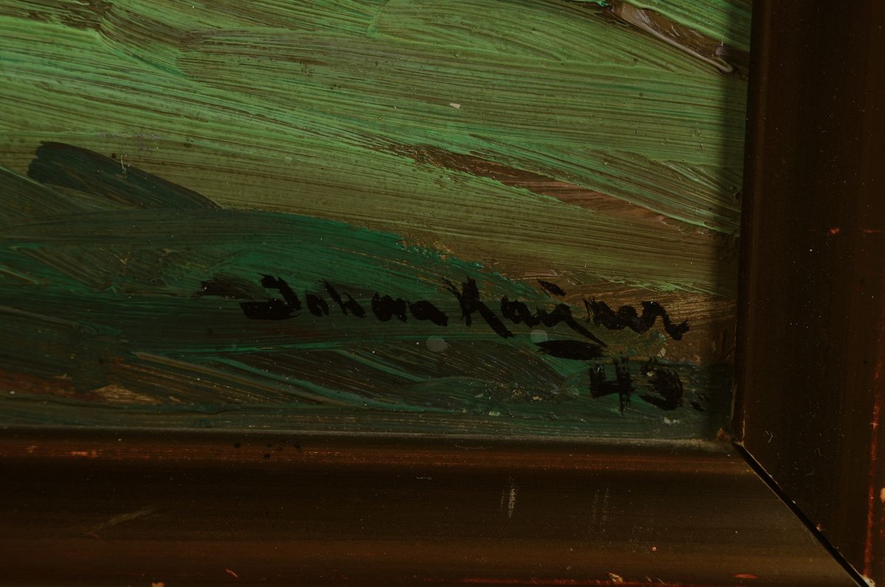 Detail a: Johan Kayser, wohl norwegischer Künstler, erste Hälfte 20. Jh., Landschaft mit Hütte, Öl/Malkarton, li. u. signiert und dat. 43 (?), ca. 32 x 40 ...