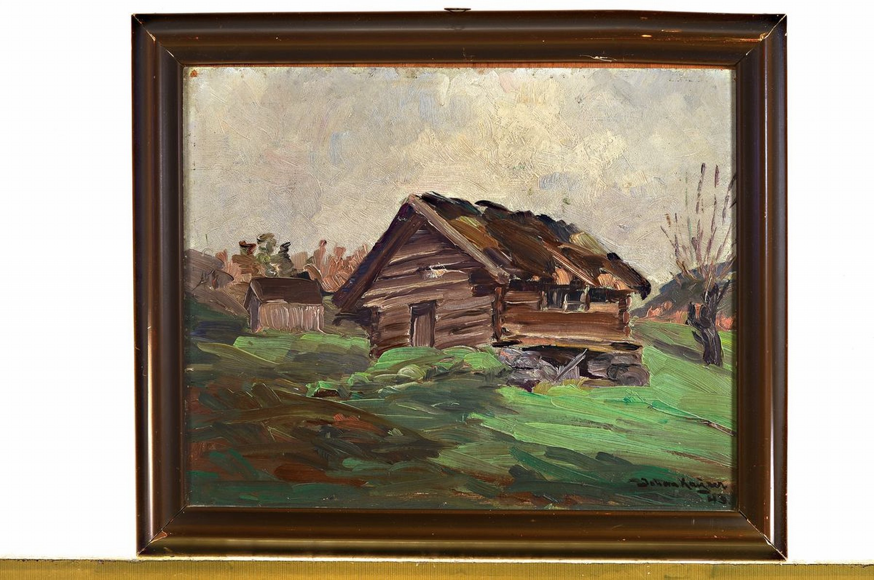 Detail k: Johan Kayser, wohl norwegischer Künstler, erste Hälfte 20. Jh., Landschaft mit Hütte, Öl/Malkarton, li. u. signiert und dat. 43 (?), ca. 32 x 40 ...