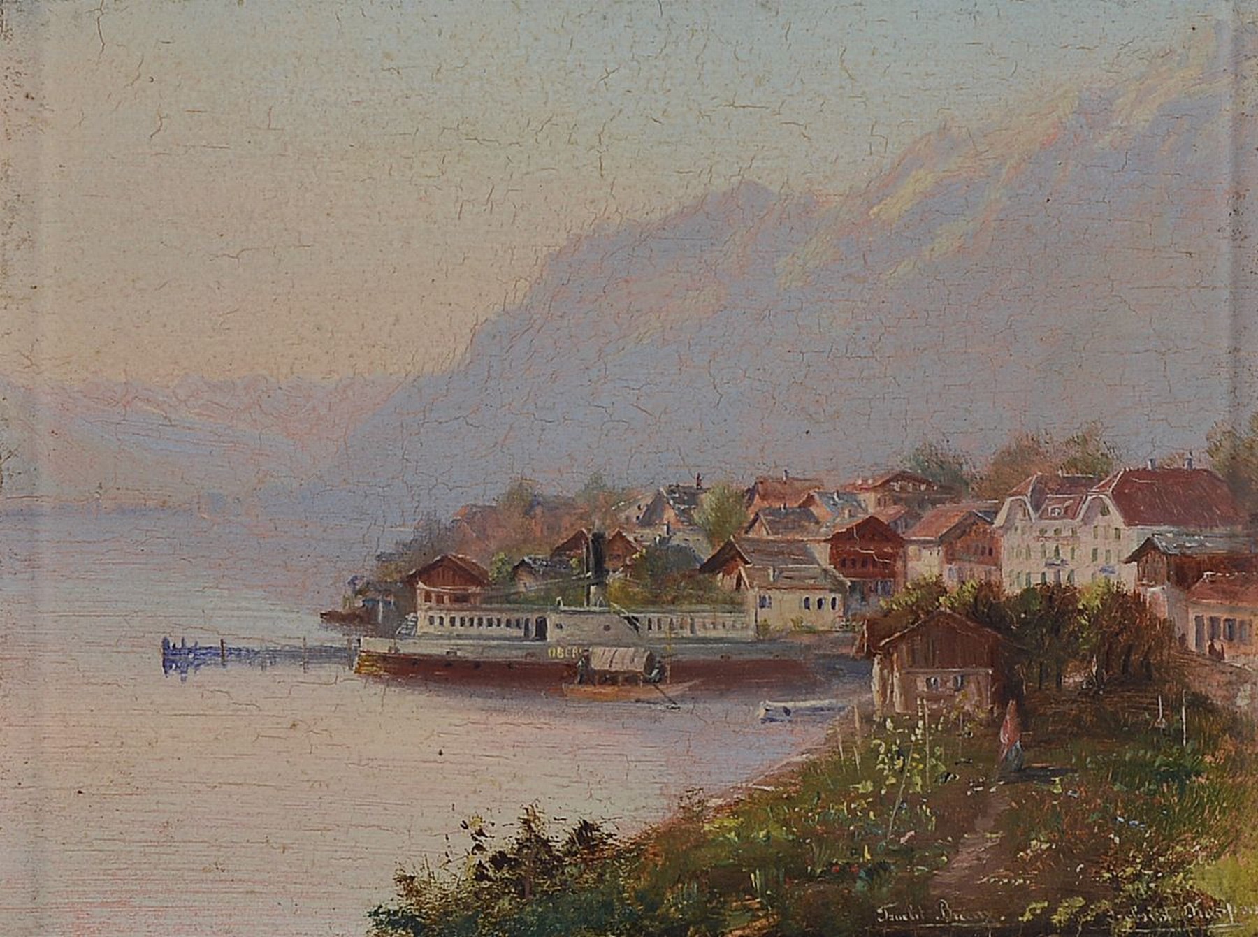 Alpenländische Künstler, um 1900/10, wohl Oberitalienischer Bergsee, Öl/Holz, feine Miniaturmalerei, stimmungsvolle Lichtführung, li. unten ...