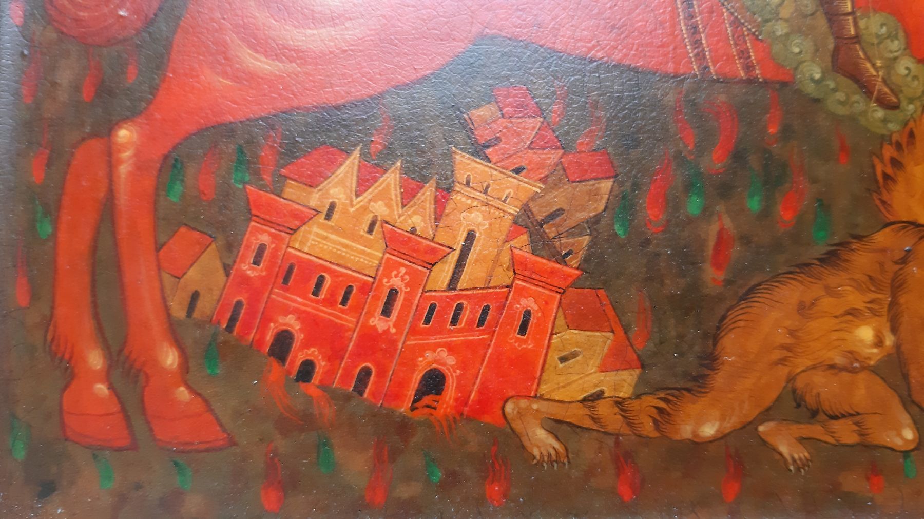 Detail b: Ikone, Russland, um 1900, Erzengel Michael durchbohrt mit seiner Lanze den Antichristen, Tempera auf Holz, Goldgrund, vertieftes Innenfeld, ca. ...