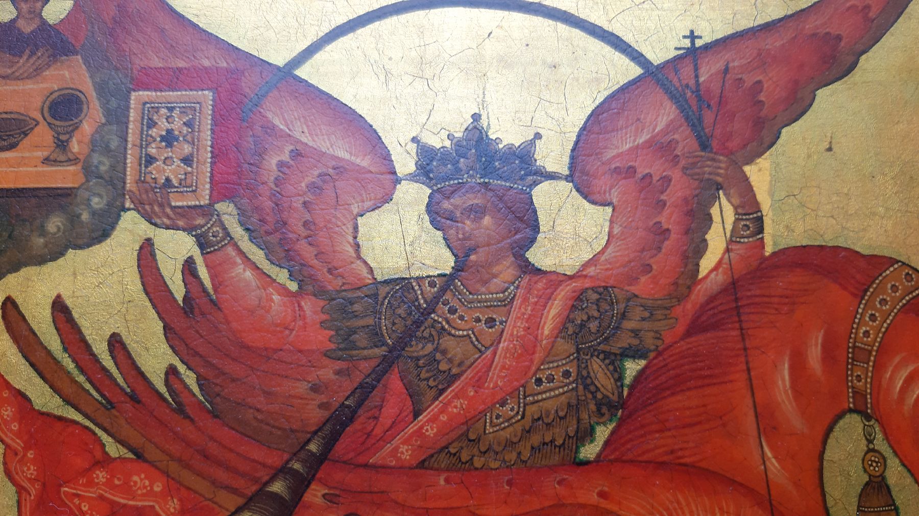 Detail e: Ikone, Russland, um 1900, Erzengel Michael durchbohrt mit seiner Lanze den Antichristen, Tempera auf Holz, Goldgrund, vertieftes Innenfeld, ca. ...