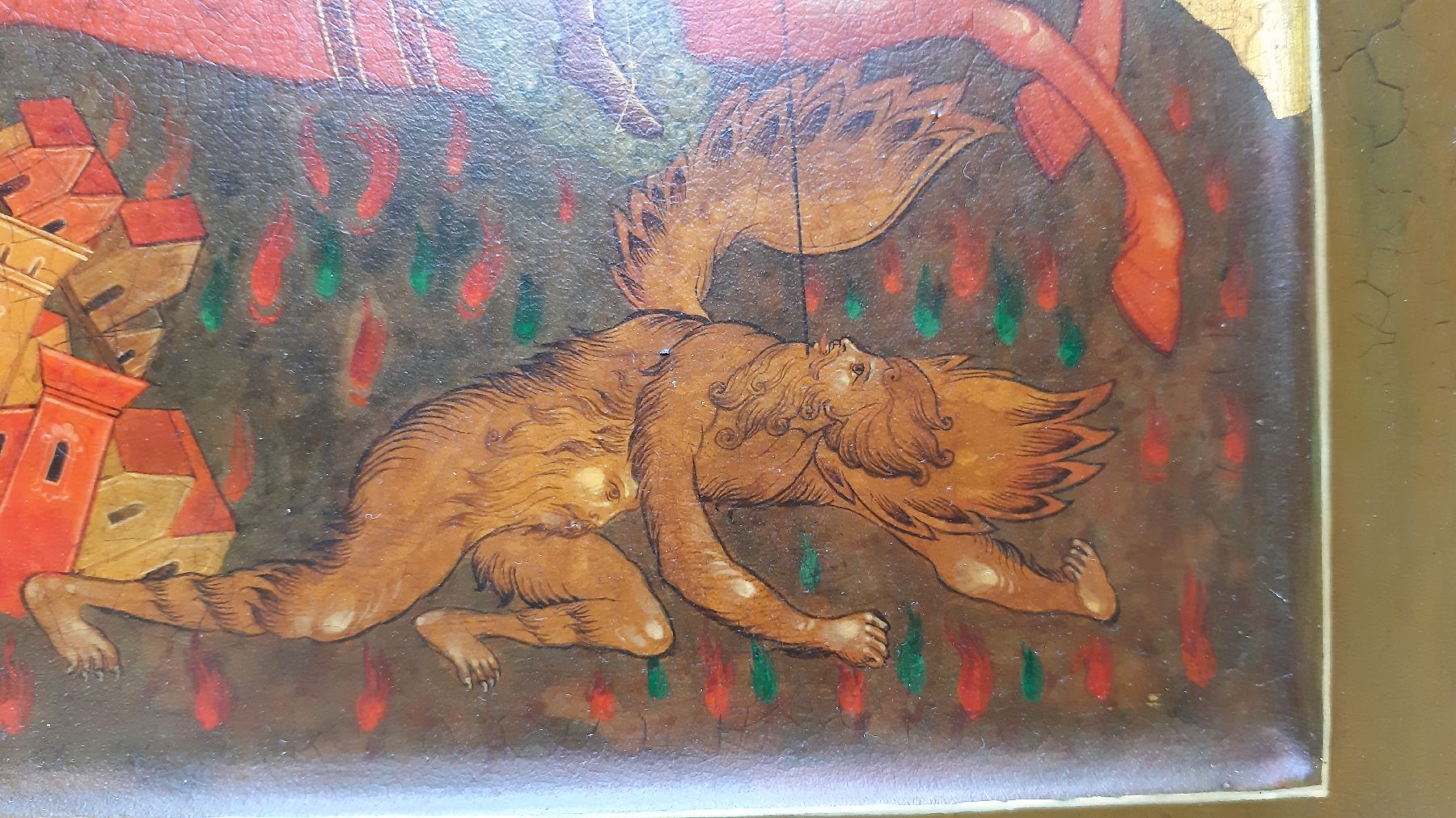 Detail g: Ikone, Russland, um 1900, Erzengel Michael durchbohrt mit seiner Lanze den Antichristen, Tempera auf Holz, Goldgrund, vertieftes Innenfeld, ca. ...