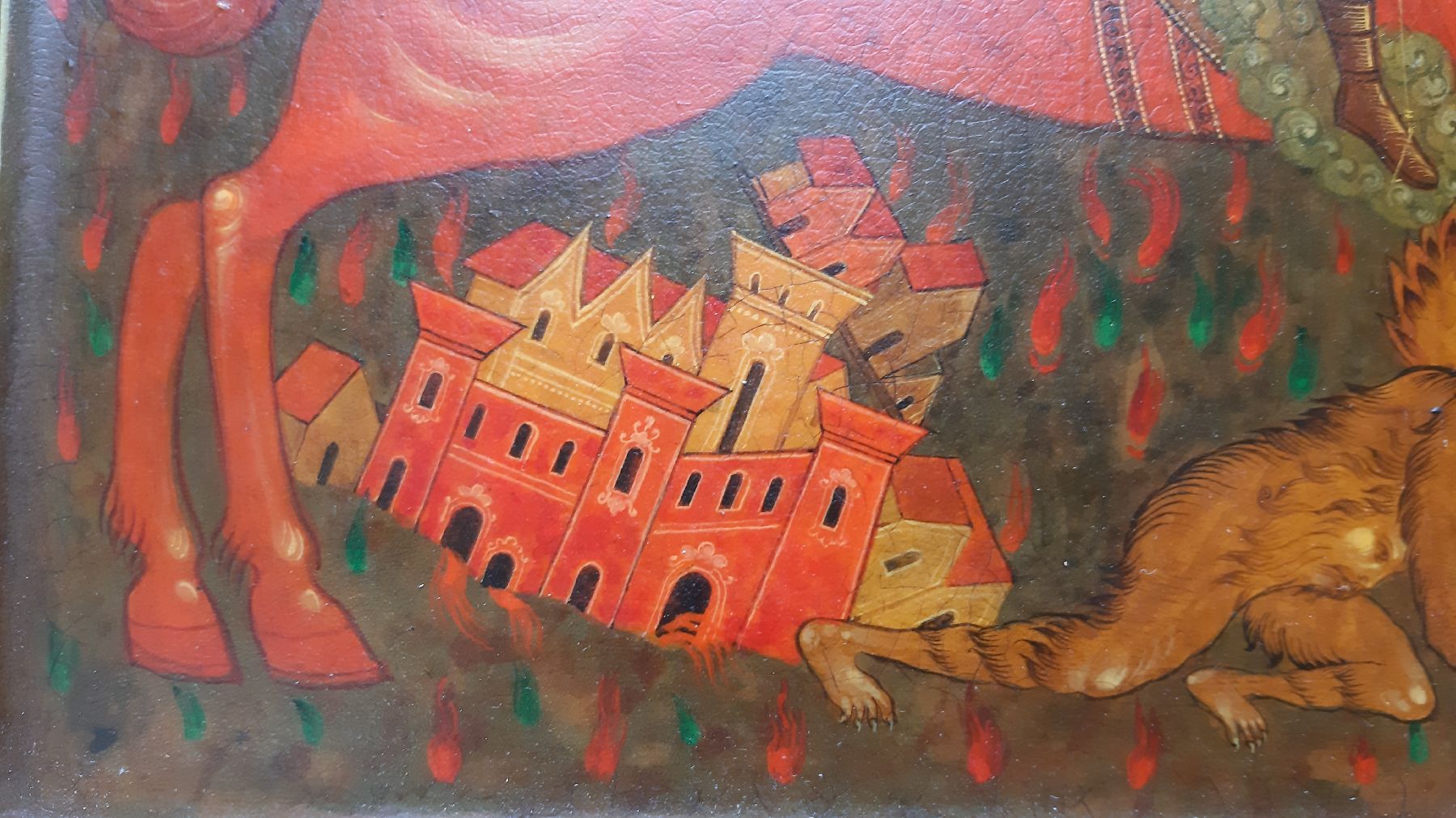 Detail h: Ikone, Russland, um 1900, Erzengel Michael durchbohrt mit seiner Lanze den Antichristen, Tempera auf Holz, Goldgrund, vertieftes Innenfeld, ca. ...