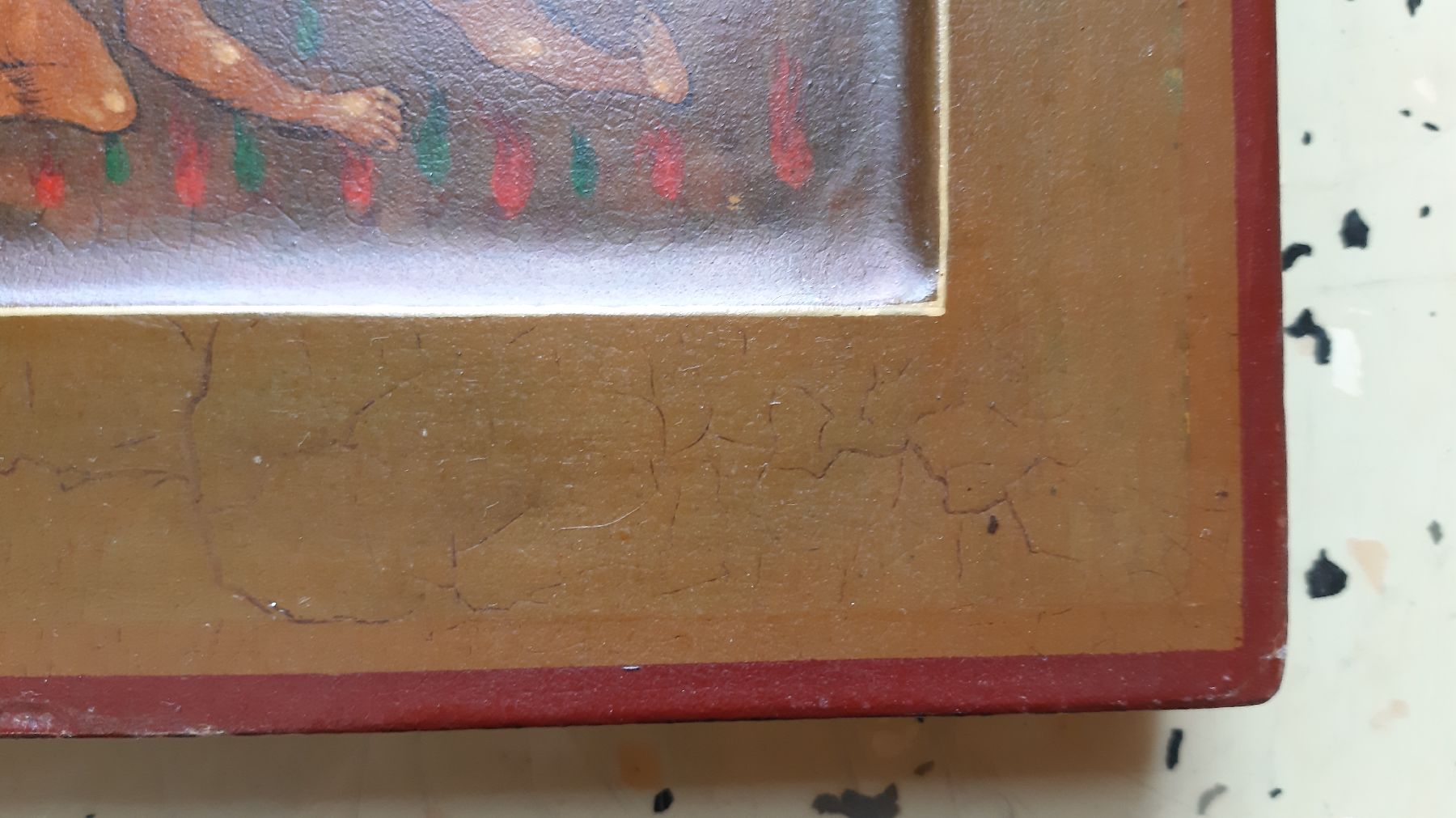 Detail k: Ikone, Russland, um 1900, Erzengel Michael durchbohrt mit seiner Lanze den Antichristen, Tempera auf Holz, Goldgrund, vertieftes Innenfeld, ca. ...