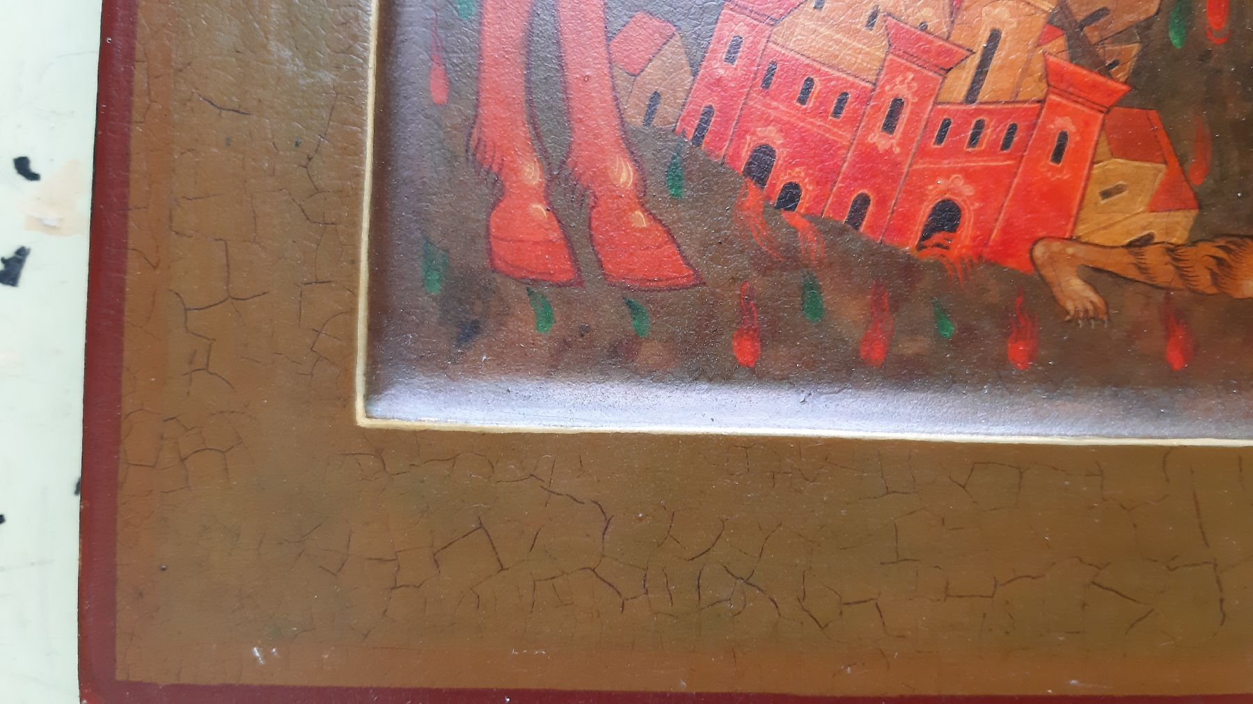 Detail l: Ikone, Russland, um 1900, Erzengel Michael durchbohrt mit seiner Lanze den Antichristen, Tempera auf Holz, Goldgrund, vertieftes Innenfeld, ca. ...