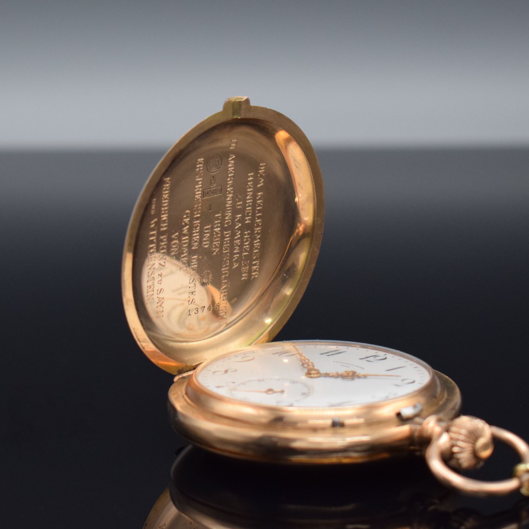 Detail b: FRIEDRICH SITTO Wien interessante & schwere Savonette mit Widmung von Friedrich Prinz zu Sayn und Wittgenstein in RoseG 585/000, um 1902, massives ...