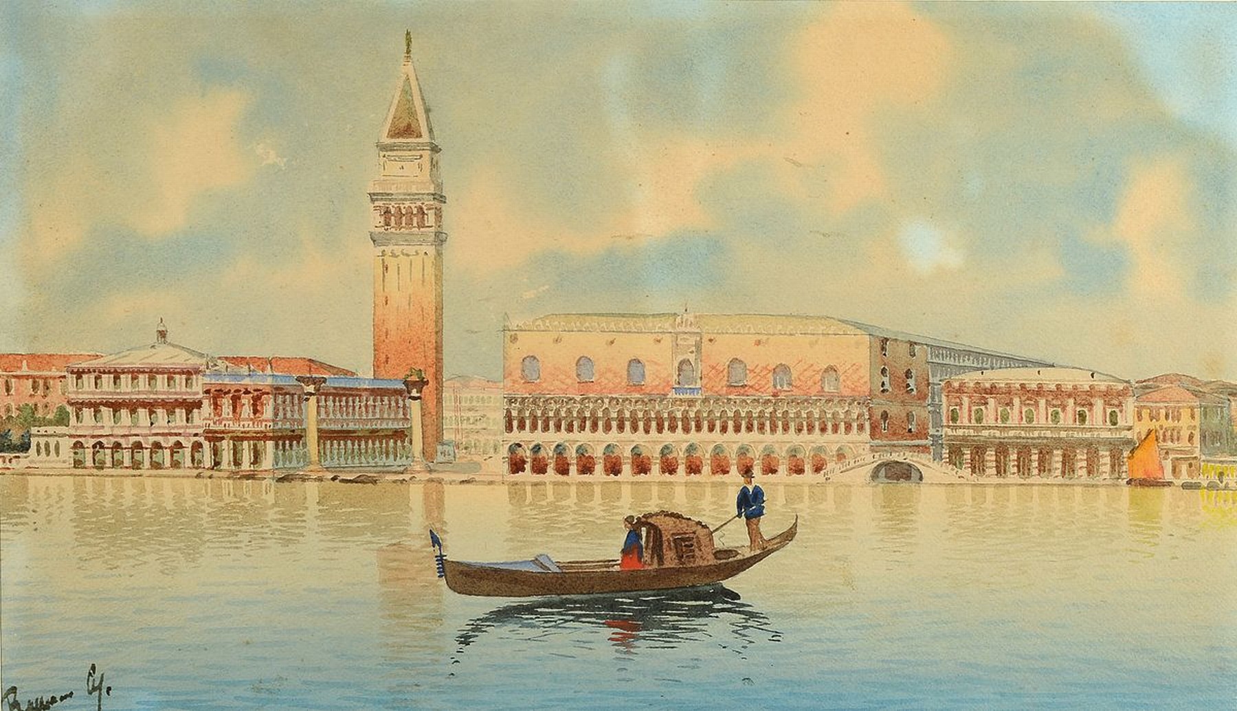 Unbekannter Maler, um 1900, Blick auf den Dogenpalast in Venedig, ca. 26x46cm, links unten signiert, PP, u.Gl., R. ca. 43x83cm