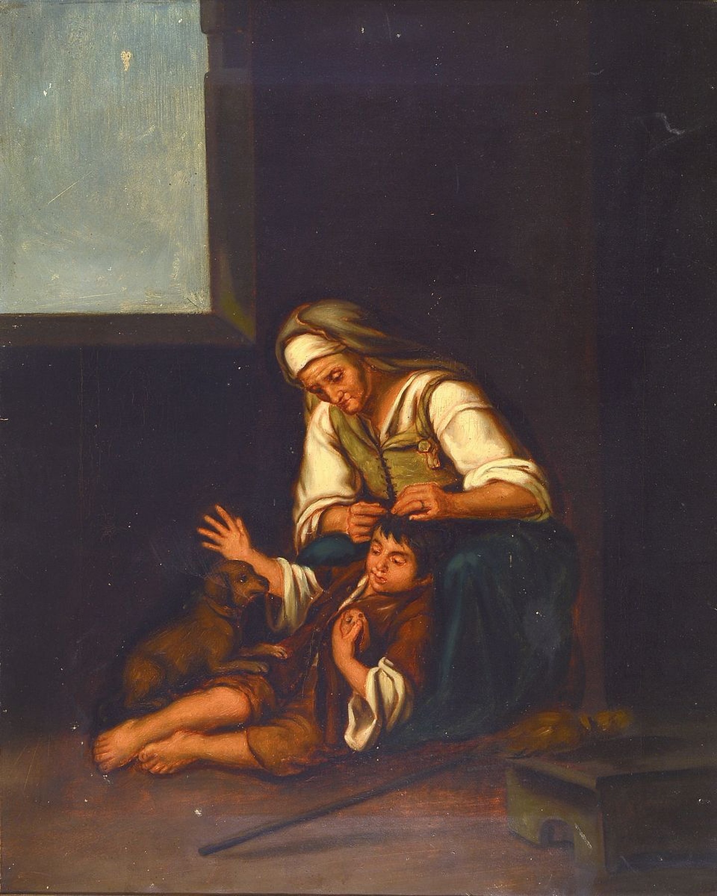 Unbekannter Maler, Niederlande, 2. Hälfte 19. Jh., Großmutter beim Lausen des Enkels, Öl/ Lwd, lasierende Malerei, ca. 54x44cm, R. ca. 68x58cm, ...