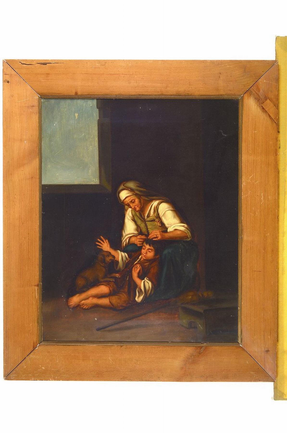 Detail k: Unbekannter Maler, Niederlande, 2. Hälfte 19. Jh., Großmutter beim Lausen des Enkels, Öl/ Lwd, lasierende Malerei, ca. 54x44cm, R. ca. 68x58cm, ...