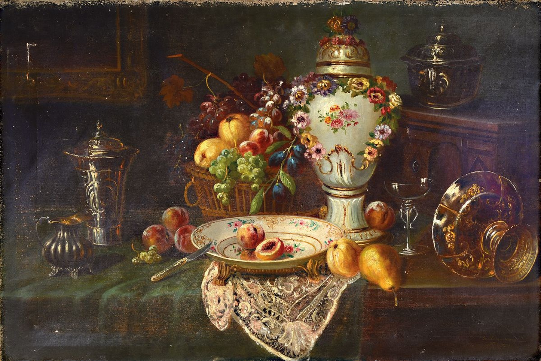 Eduard Huber-Andorf, 1877 Grafing-1965 Germering, Maler der Münchener Schule, hier: Üppiges Stillleben mit feinem Porzellan, Silber und Obst, ca. ...