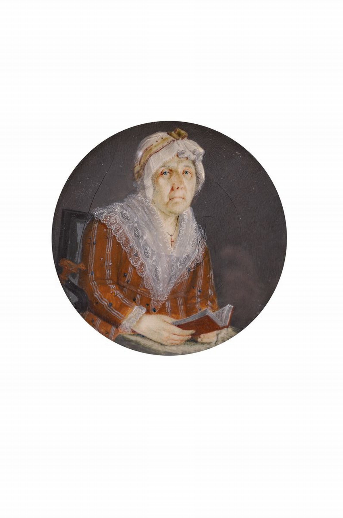 Miniaturmalerei, Frankreich, wohl Umkreis Jean Urbain Guerin, 1760 - 1836, Dame im roten Kleid mit Spitzenkragen und heller Haube in einem Buch ...