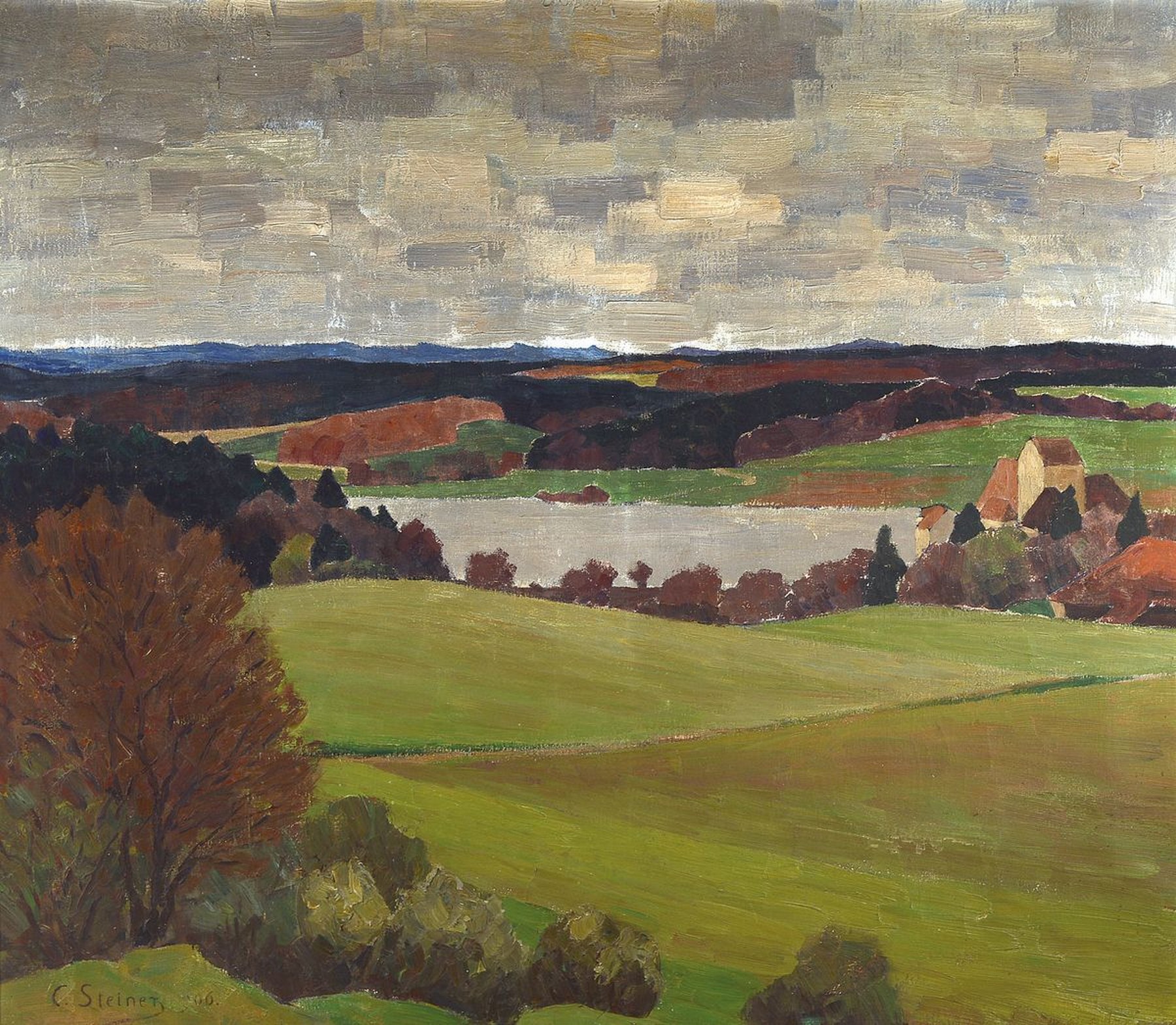 Carl Steiner, 1875 Zürich-1948 Basel, Hügelige Landschaft mit See, Öl/Lwd, links unten signiert, ca. 85x100cm, R. ca. 100x114cm